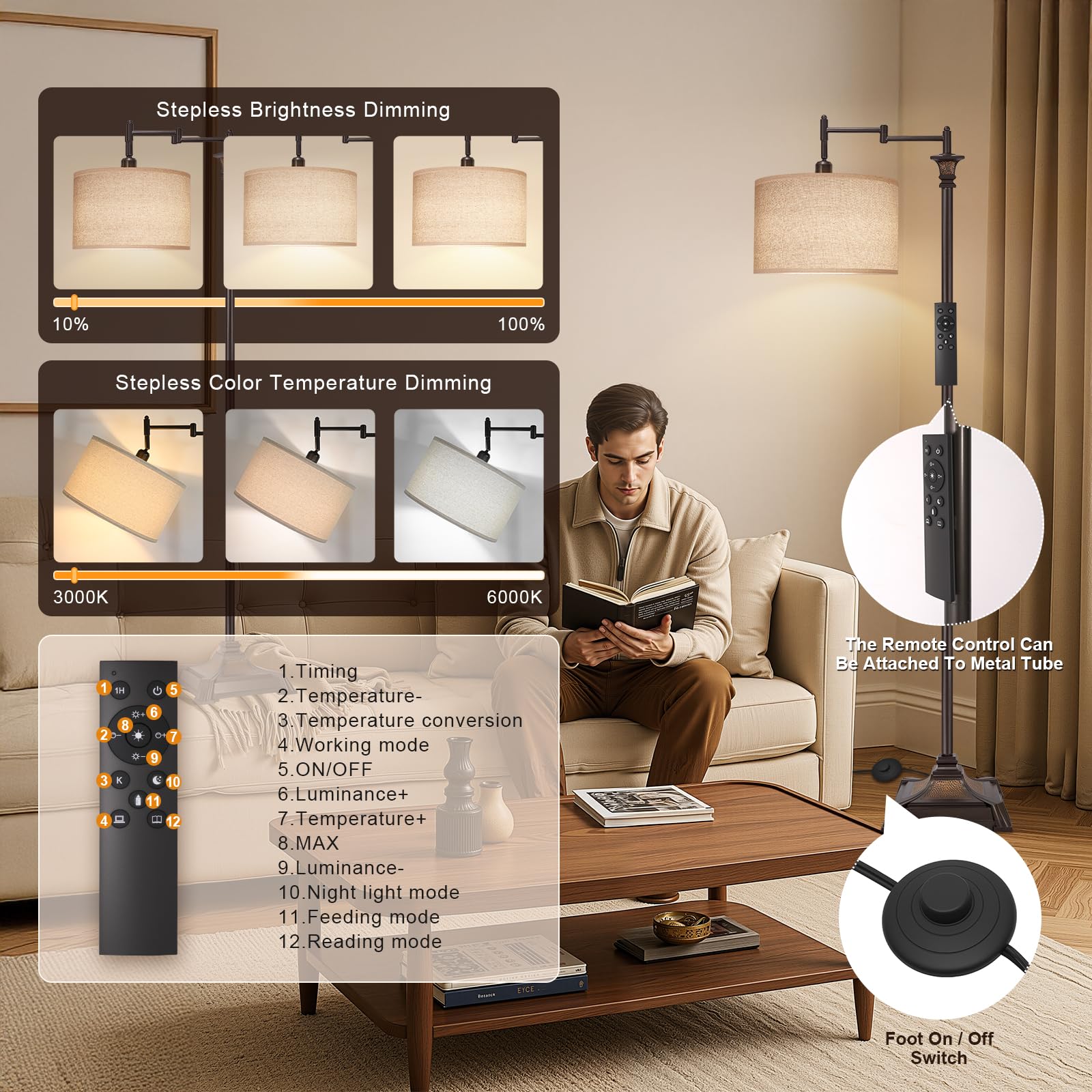 Scenekoy Vintage 68" Tall Smart LED Floor Lamp, Dark Brown, Adjustable Swing Arm, Remote Control, Model SL036 for Living Room/Bedroom