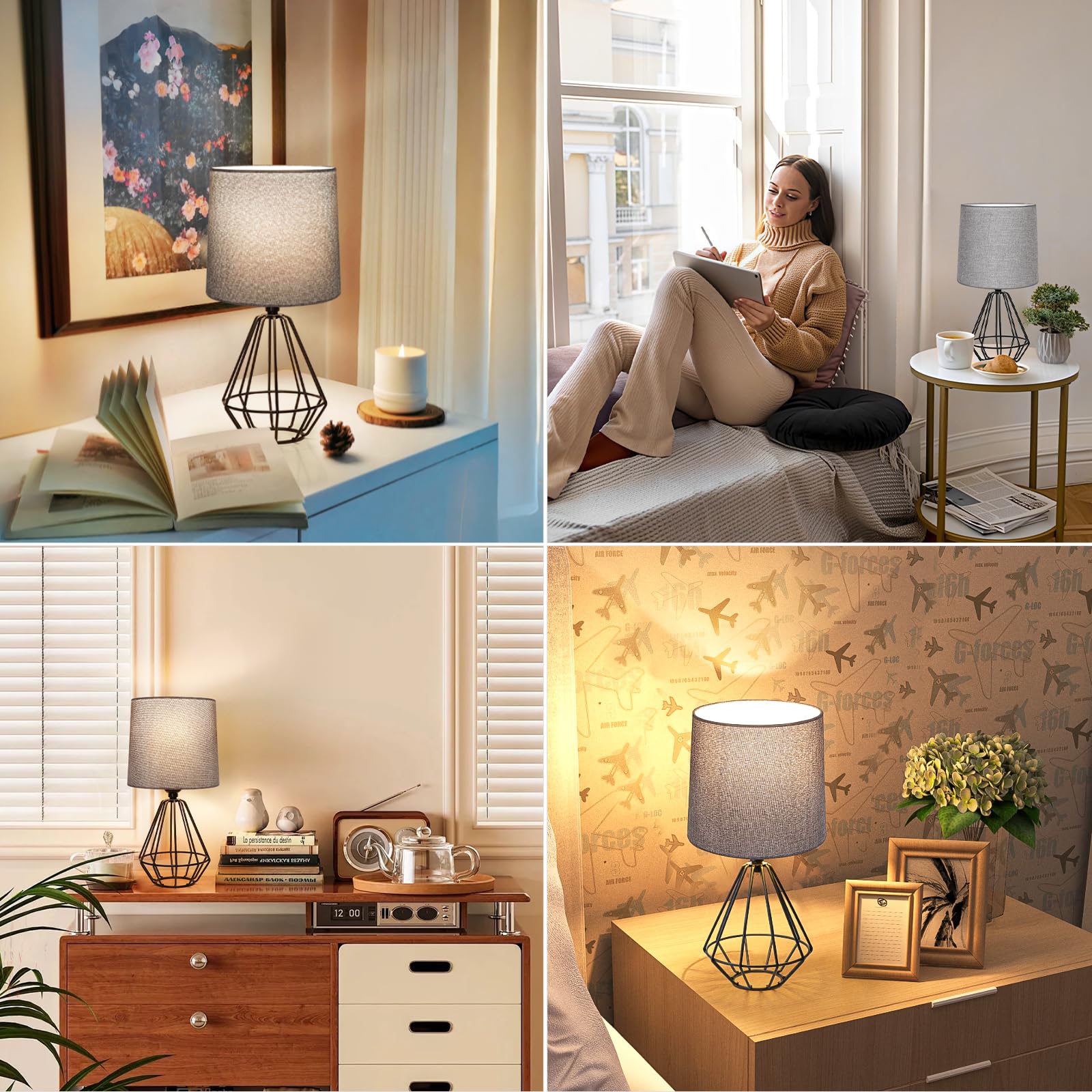Ggoying Set Of 2 Bedside Table Lamp, Black Metal Modern Lamp With Grey Fabric Shade, Simple Side Lamp For Living Room,Bedroom,Ho