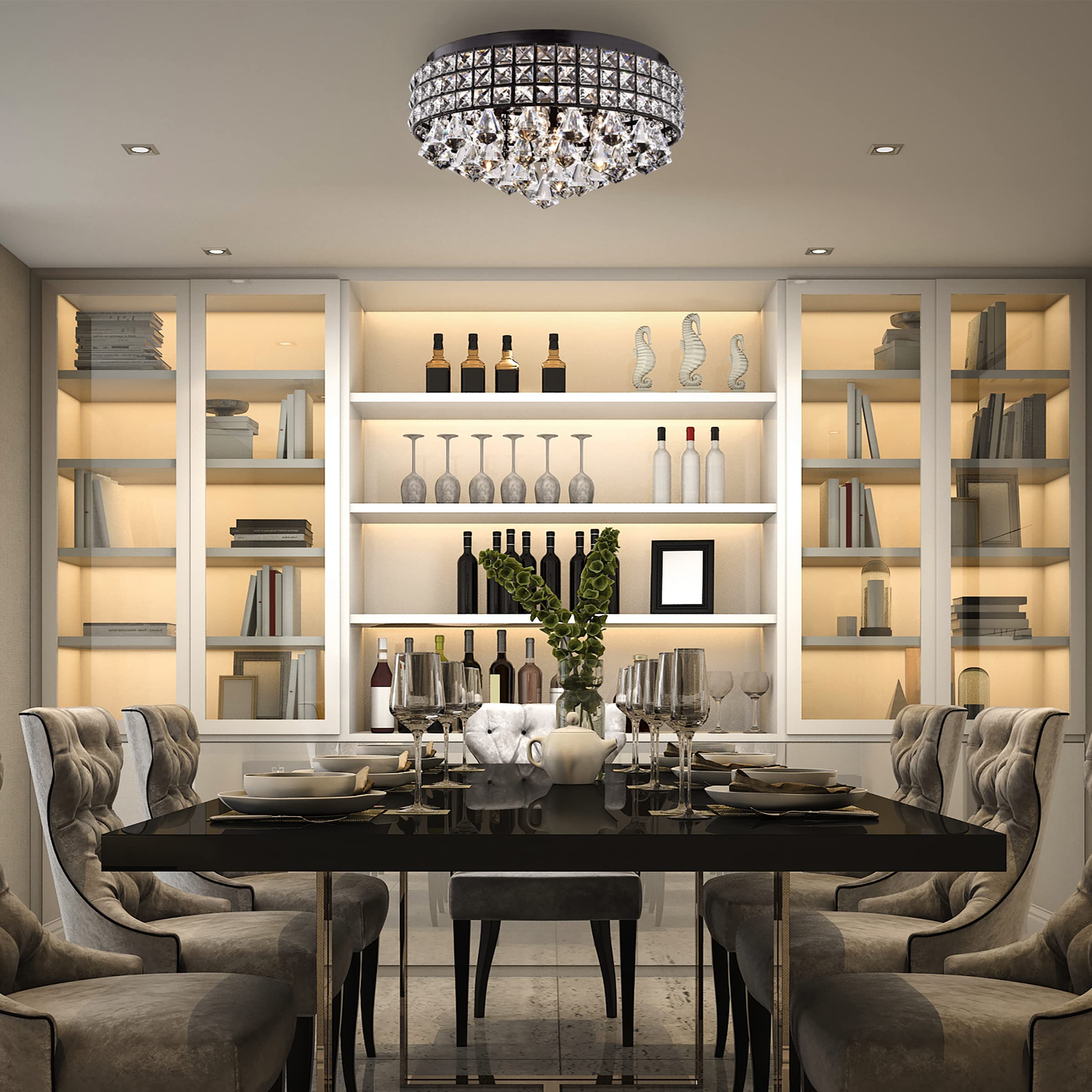 Edvivi Crystal Drum Chandelier 4 Lights Flush Mount Antique Black Finish Square Beaded Shade Model ECG4103BK