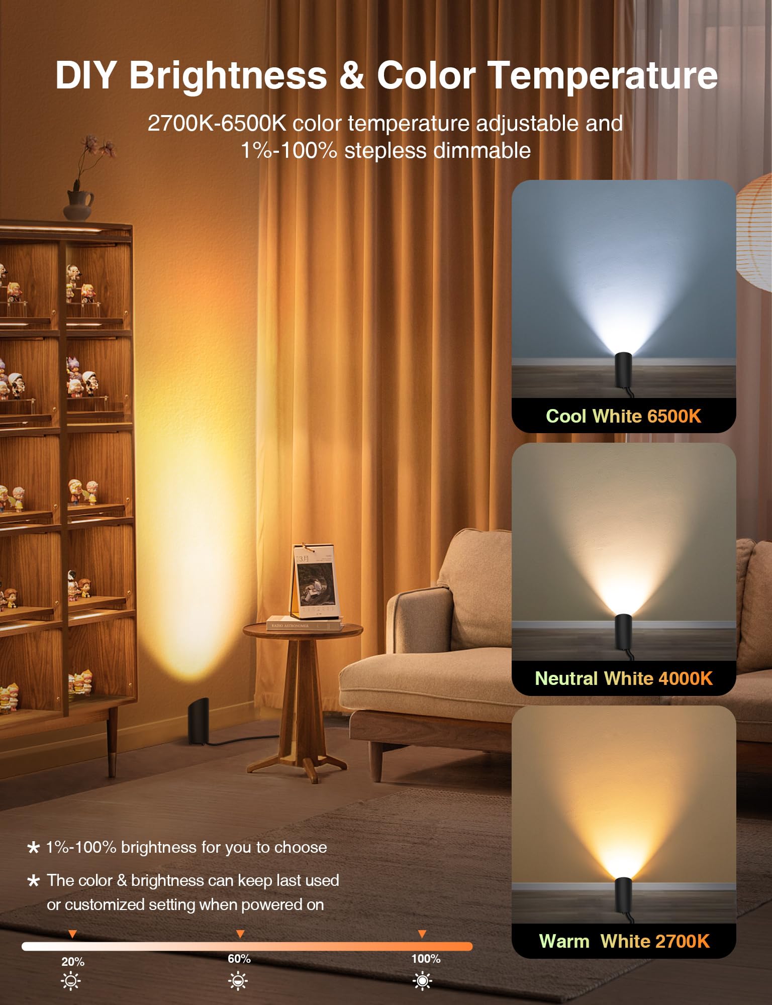 Sunvie Smart Floor Can Light 5W Rgbw Color Changing Up Lights Indoor Spotlight With Timer 2700K-6500K Uplighting Indoor Dimmable