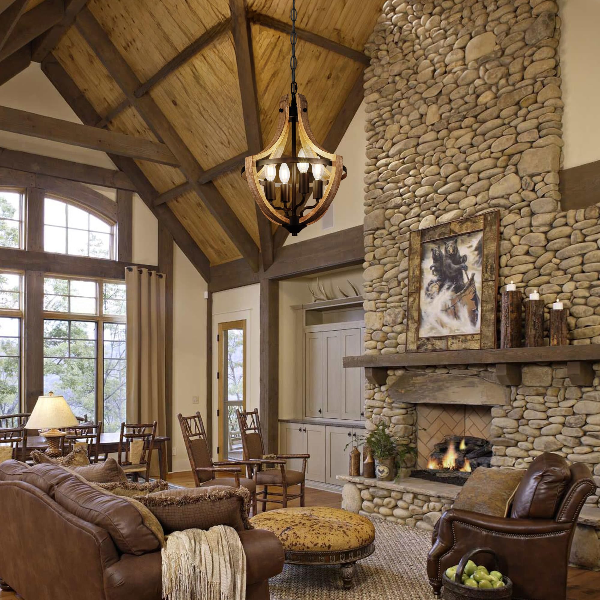 4-Light Farmhouse Dining Room Light Fixture, Adjustable Height Hanging Wood Vintage Pendant Lights For Kitchen Island Hallway Fo