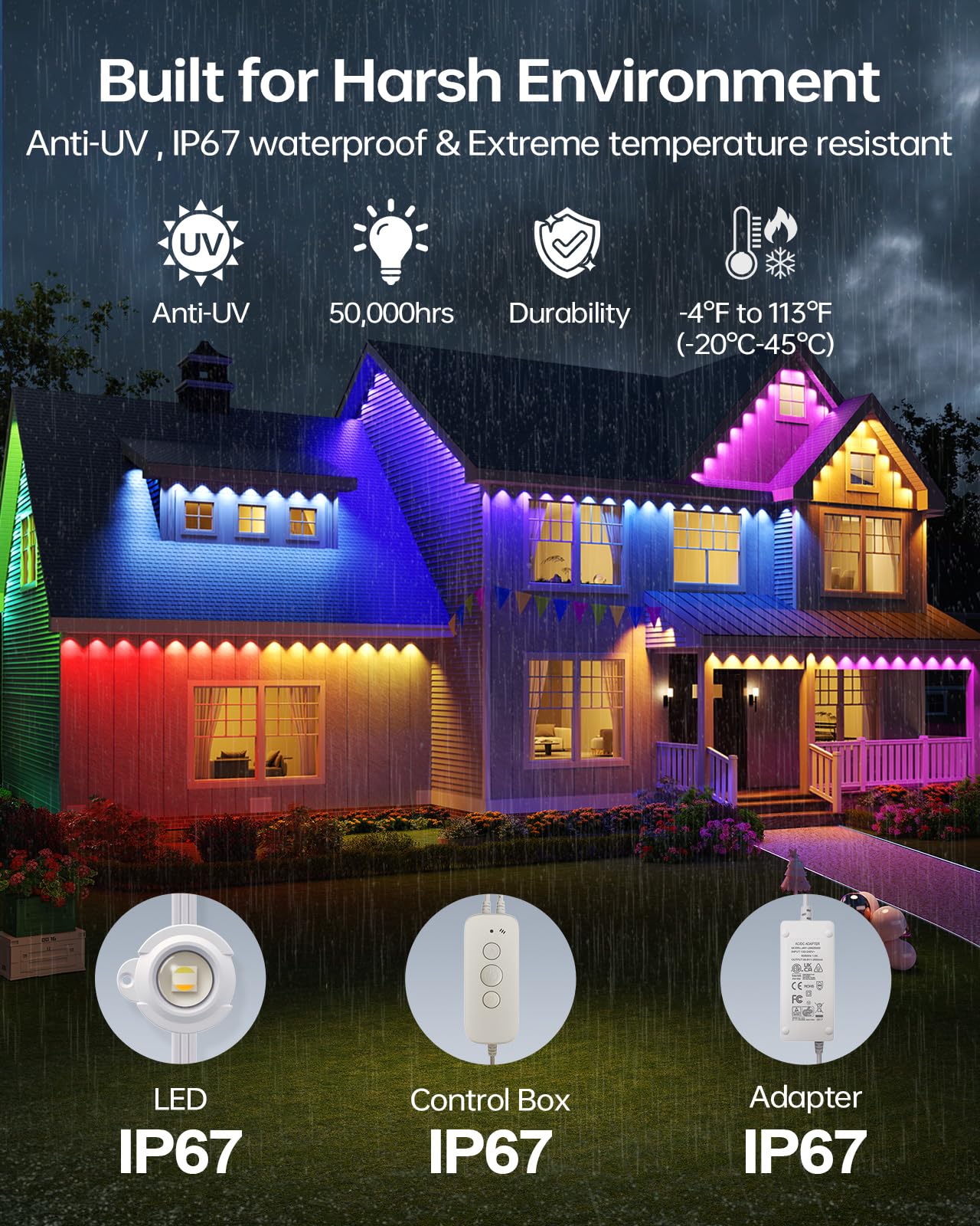 ASAHOM AI Permanent Outdoor Lights S107B, 100FT, 72 RGBCW LEDs, White, Cuttable, Extendable to 800FT, Ideal for Outdoor Decor