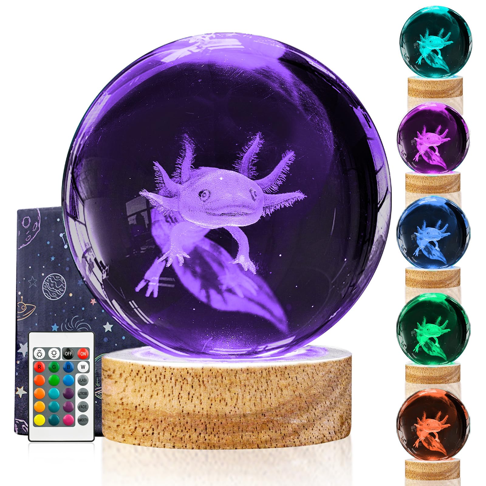 3D Axolotl Crystal Ball Night Light With Led Wooden Base Upgraded 3.15 Inch Glass Ball Lamps With 16 Color And Remote For Birthday Christmas  Cool Axolotl Toy Decor Gifts For Boys Girls Kids