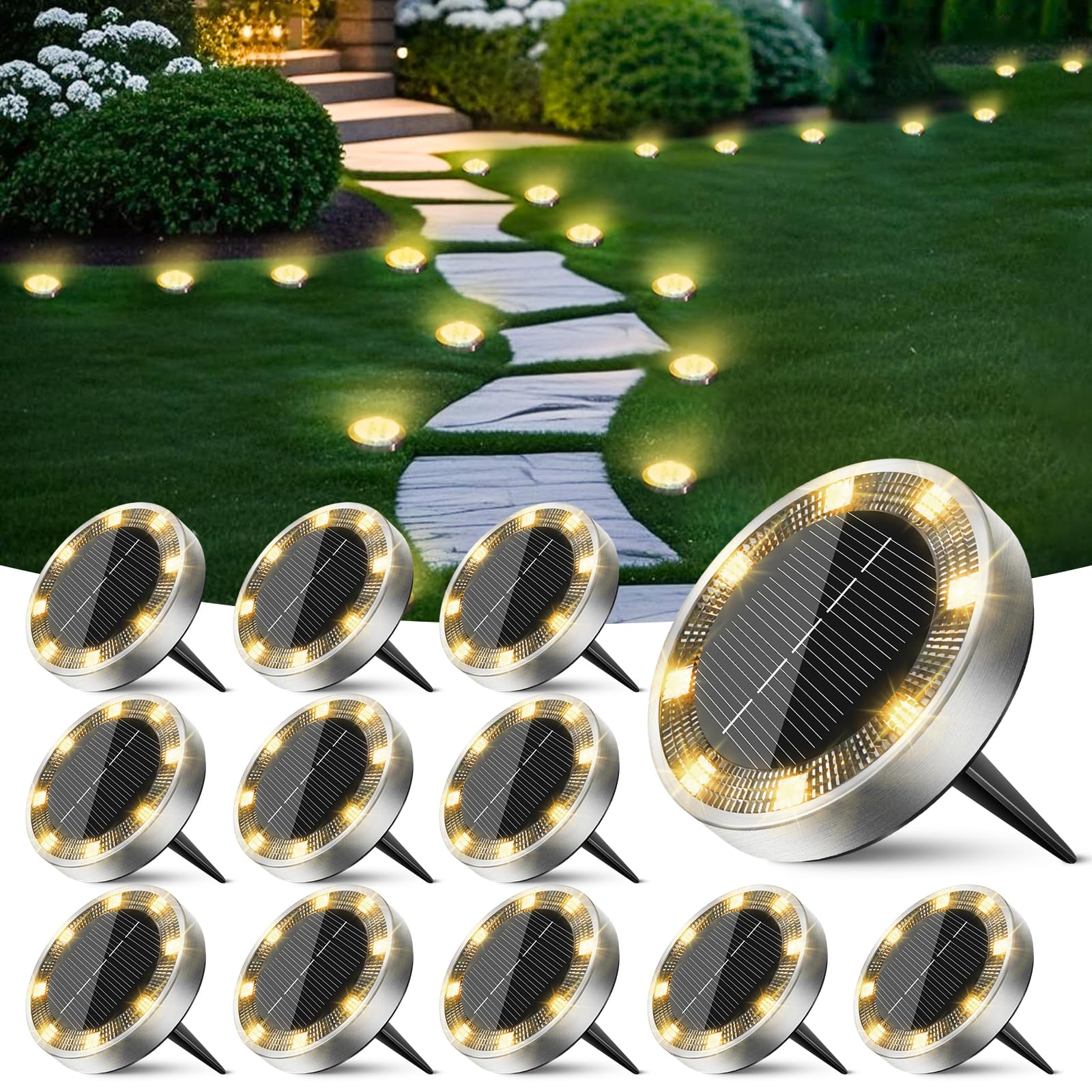 Peasur Mini Solar Ground Lights, IP68 Waterproof, 12 Pack, Warm White, Landscape Lighting for Pathway and Garden