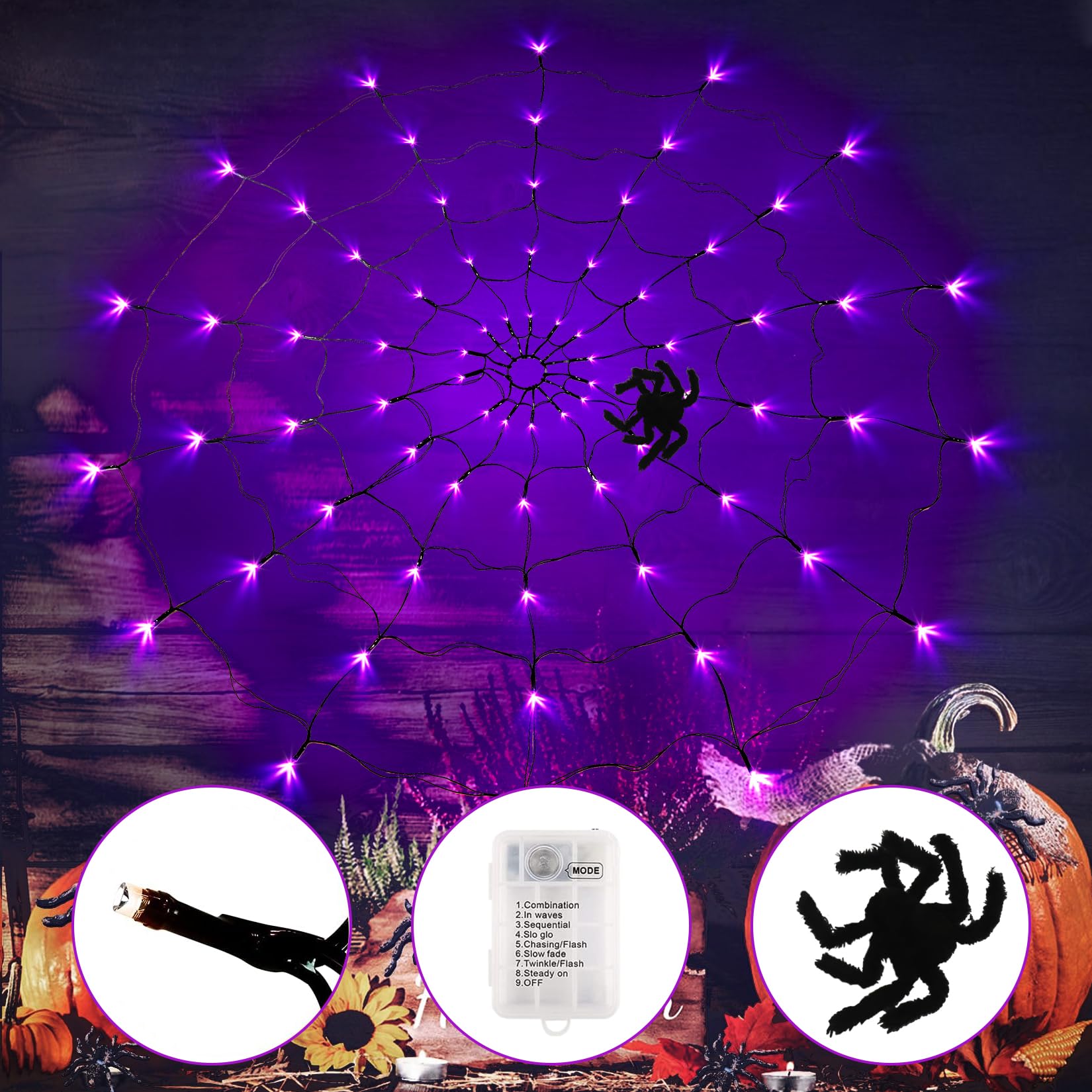 Sunmile Halloween Decorations Outdoorspider Web Lights - 4Ft Diameter 90Led With Black Spider, Waterproof Net Lights, Remote Con