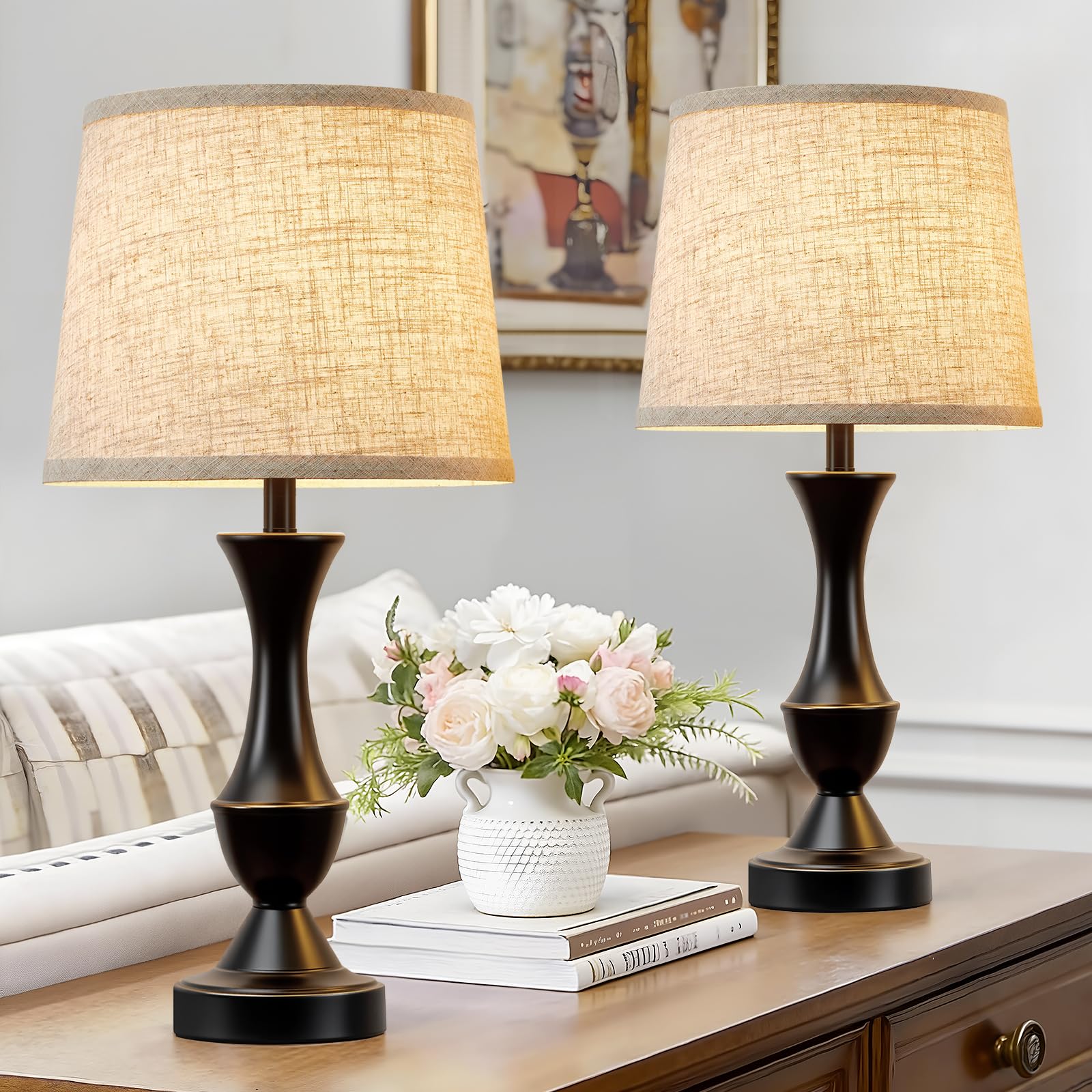 Luvkczc Table Lamp Set of 2  19 Farmhouse Vintage Bedside Lamps for Living Room & Bedroom  Linen Shade Desk Lamps for Nightstand  Office  Study(Bulb not Included)