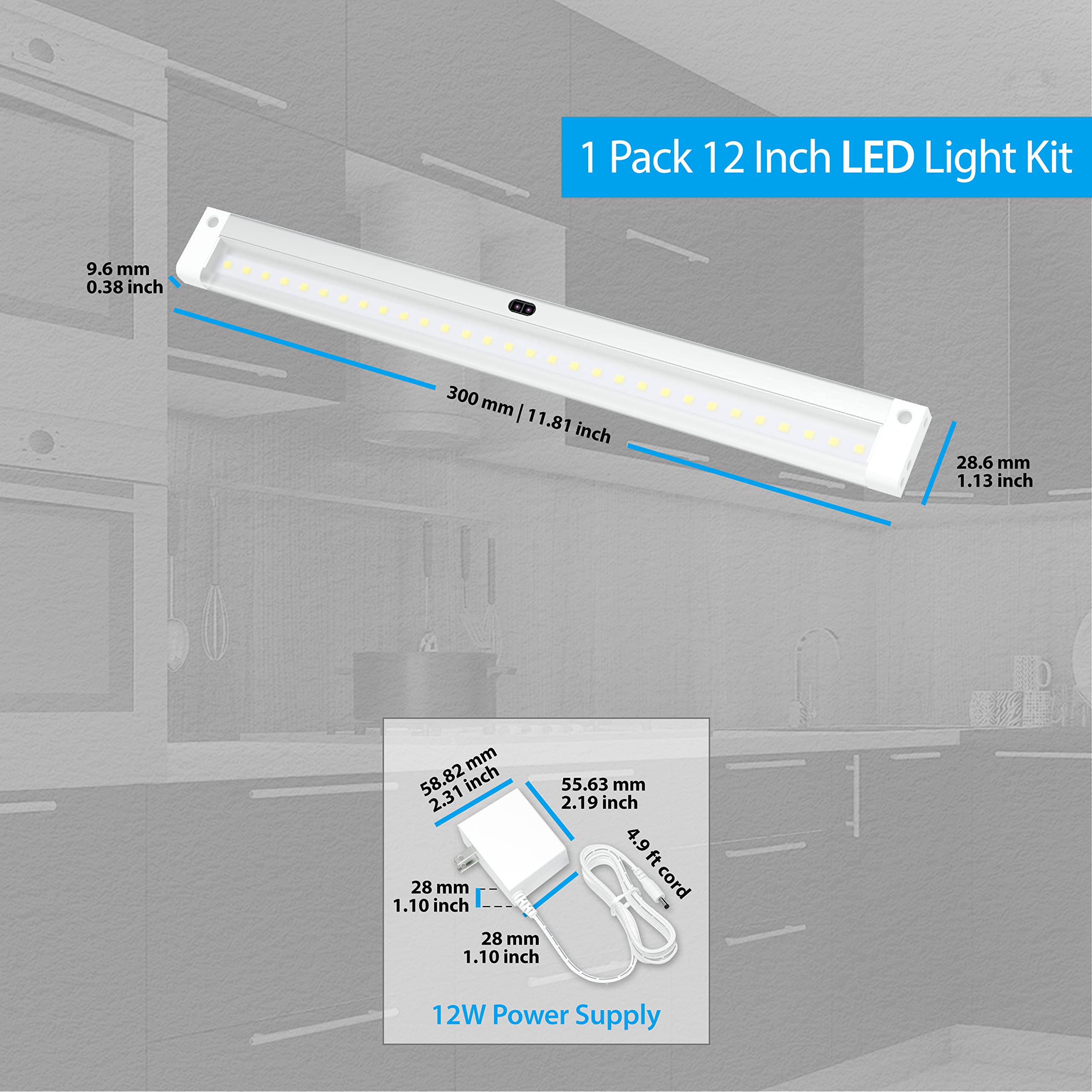 EShine Under Cabinet LED Lighting Kit, 12" Warm White (3000K), Dimmable, Touchless Control, Aluminum, Model ELW3001DW