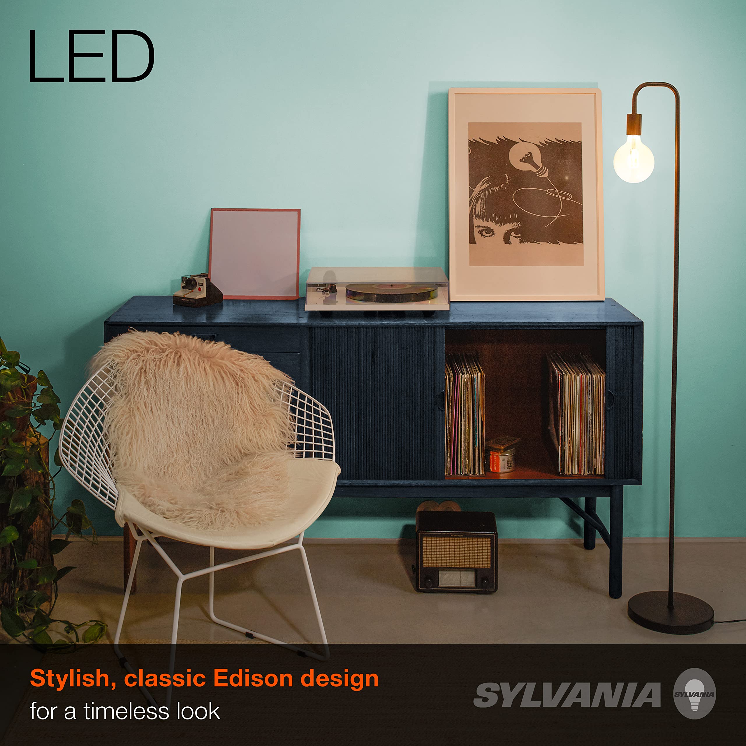 LEDVANCE Sylvania LED Vintage Filament G40 Globe Bulb, 60W = 6.5W, 650 Lumens, Dimmable, Amber Glow, 2 Pack,