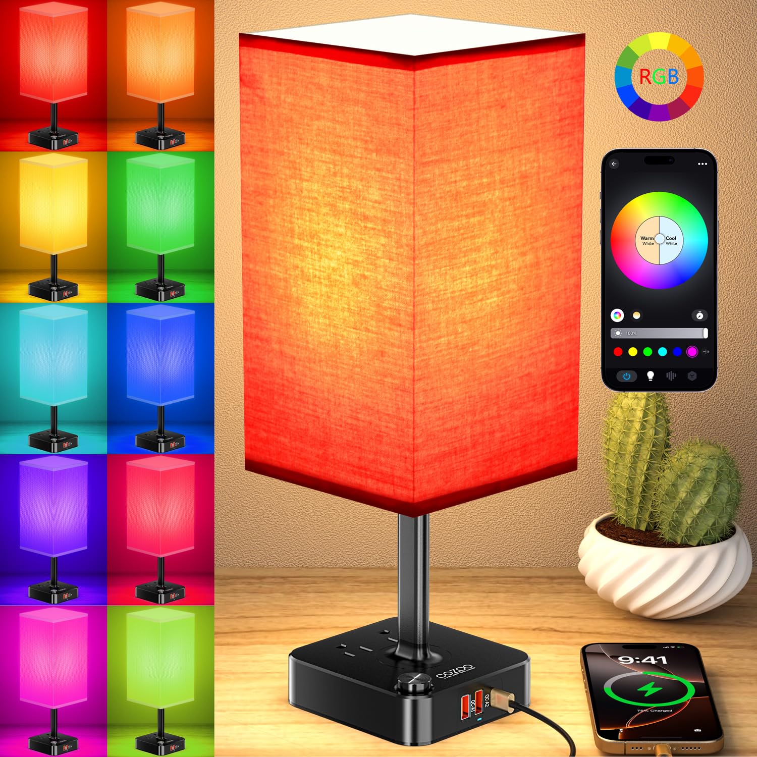 Bluetooth/WiFi RGB & USB Bedside Table Lamp with 3 USB Charging Ports 2 Outlets Power Band  LED Light Bulb Dimmable  Music Sync Color Changing Light (RGB - Red Shade)