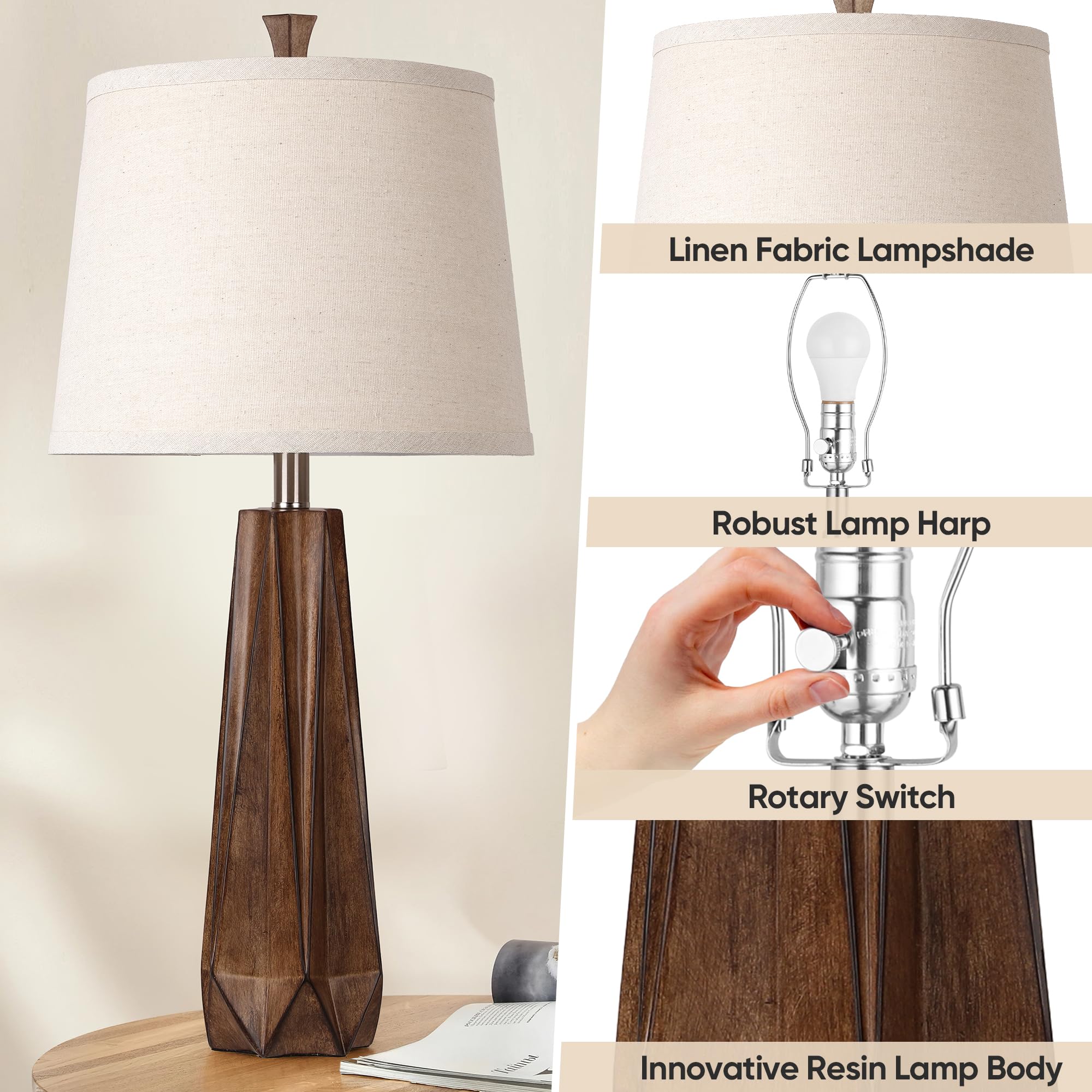 Wihtu 3 Color Temperature Table Lamps Set Of 2, Beside Lamp With Linen Shade, 27'' Wood Grain Color Modern Table Lamp For Living