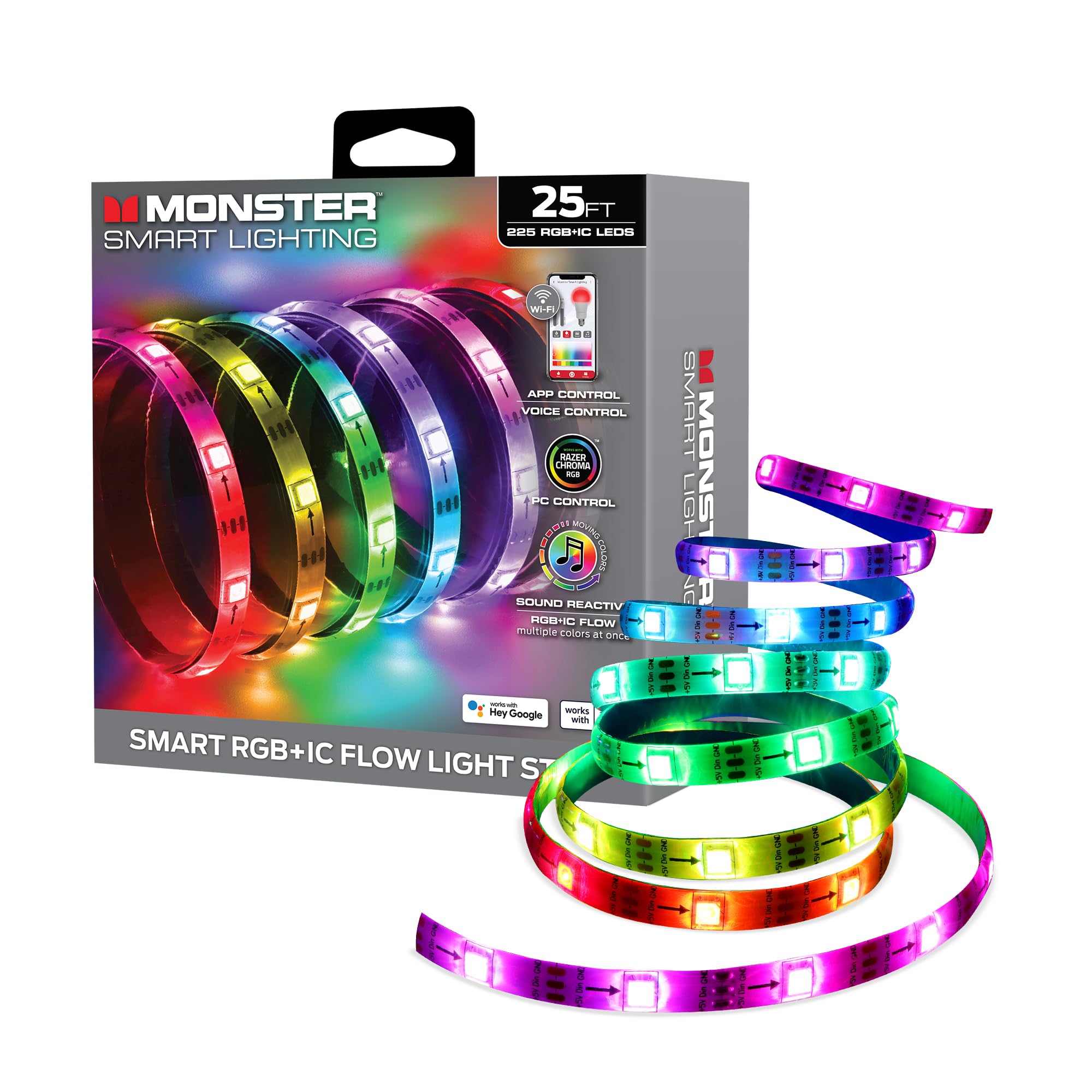 Monster Smart RGB+IC LED Band Lights 25ft - Sound Reactive Band Lights for Bedroom  App & Voice Control  RGB Light Band for Room  Alexa Google Home  Razer Chroma Sync - 230 RGB+IC LED Lights