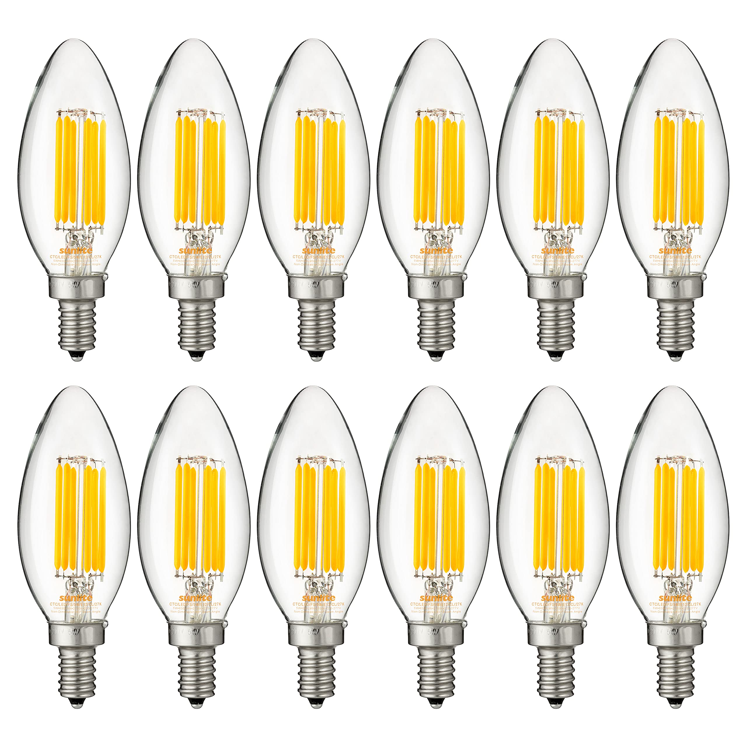 Sunlite LED Edison B11 Torpedo Tip Chandelier Light Bulb, 5 Watts (60W Equivalent), 630 Lumens, Candelabra E12 Base, Non-Dimmabl