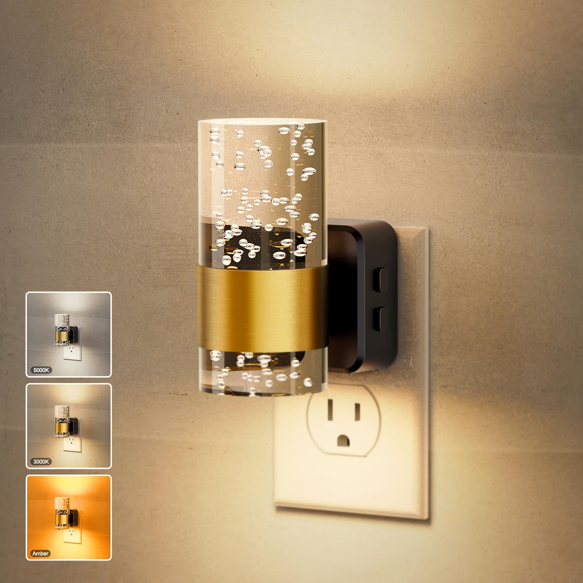 Jandcase Night Lights Plug Into Wall, Color Changing Night Light,10/50/100Lm Adjustable Brightness Nightlight,Amber/3000K/5000K