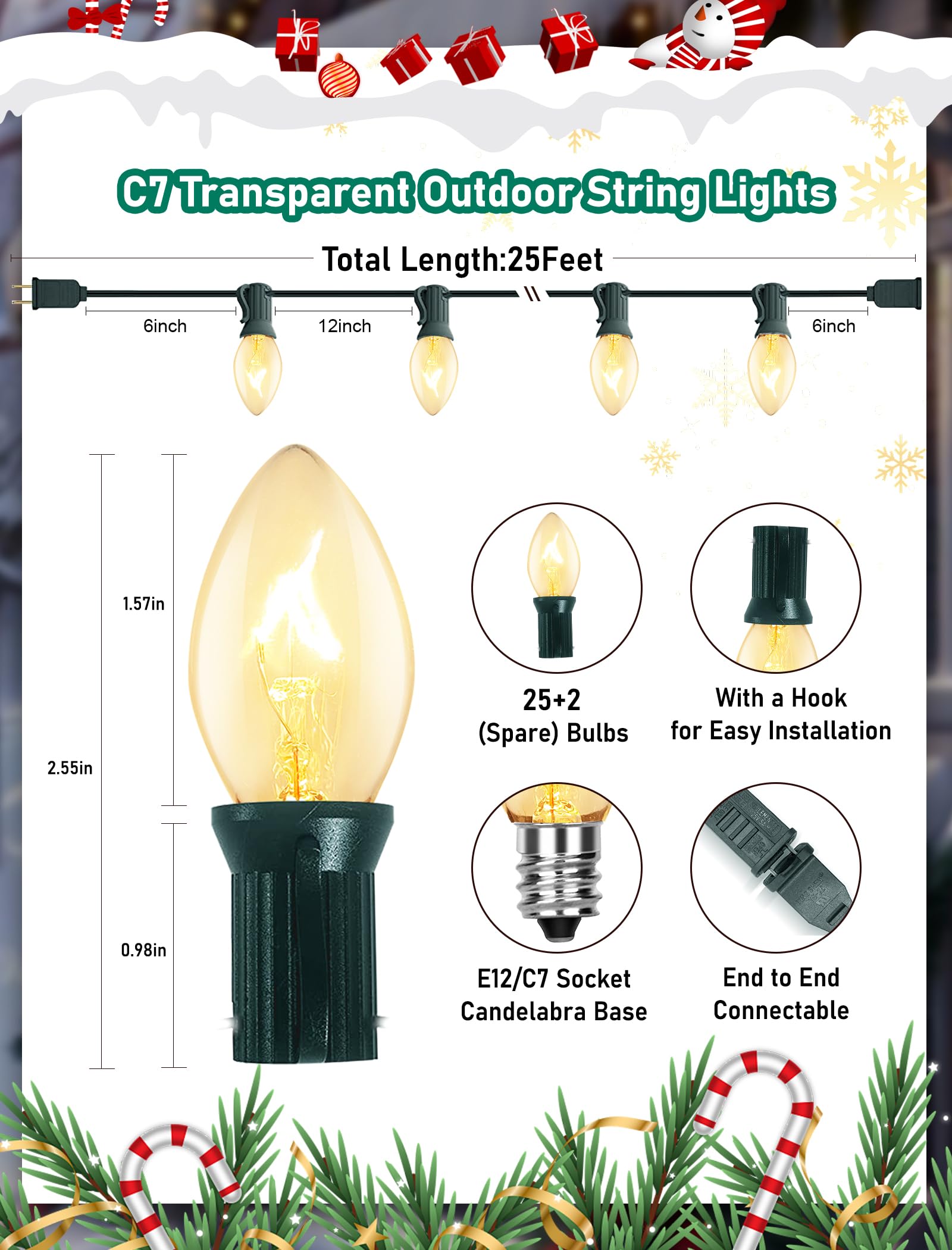 Romasaty C7 Christmas Lights - 25Ft Outdoor String Lights, 25 Warm White Bulbs, Vintage Glass, Clear Color