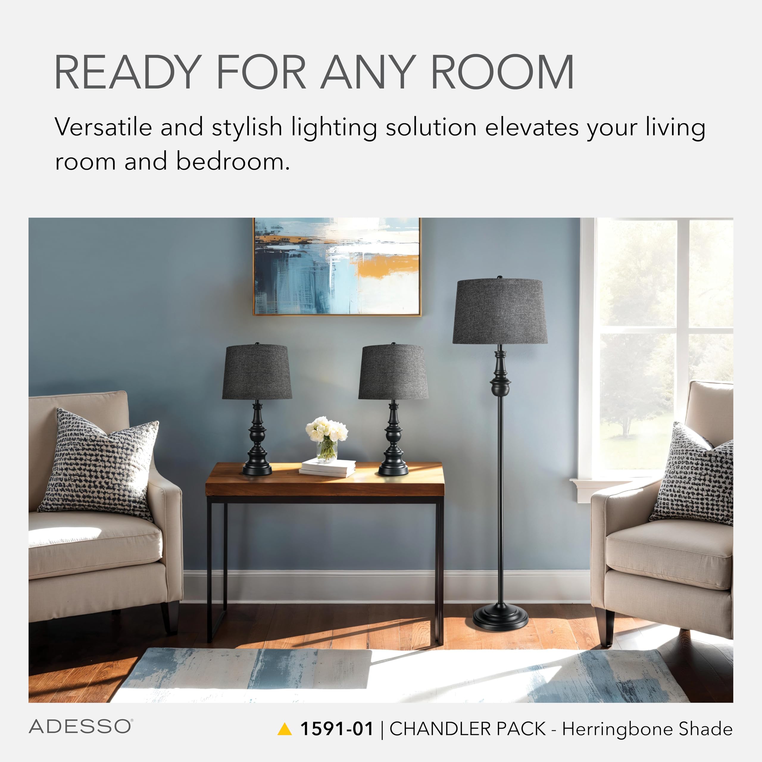 Adesso 3-Piece Lamp Set - Two Table Lamps & One Floor Lamp, Bronze Base, Dark Herringbone Shade, Model 1591-01, Gray