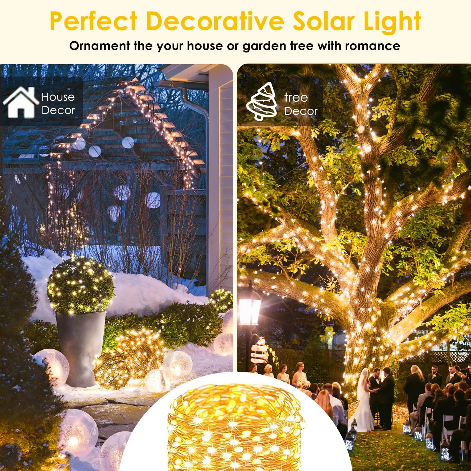SANJICHA 2-Pack Solar String Lights, 200LED Waterproof Fairy Lights, Warm White, 8 Modes for Outdoor Xmas Party Wedding Decor