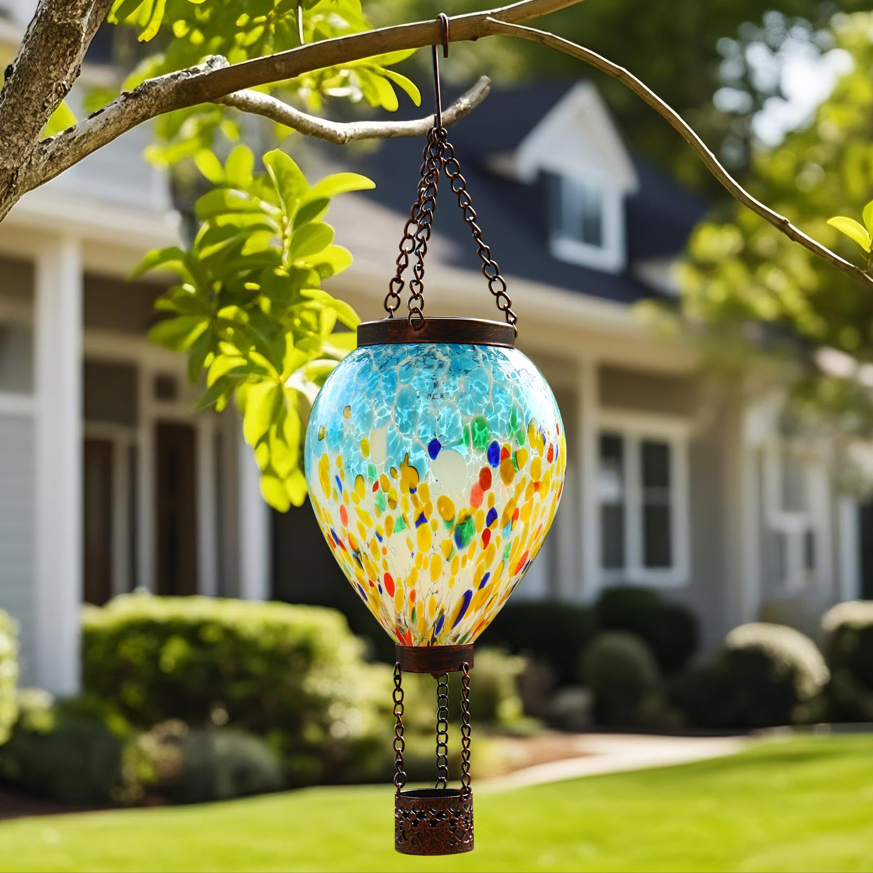 Voreen Solar Hot Air Balloon Glass Lantern - Hand Blown Multicolor Glass Outdoor Hanging Light  Ip44 Waterproof Led  Garden Patio Decoration Gift For Mom Wife Friend  Backyard Night Lighting Decor