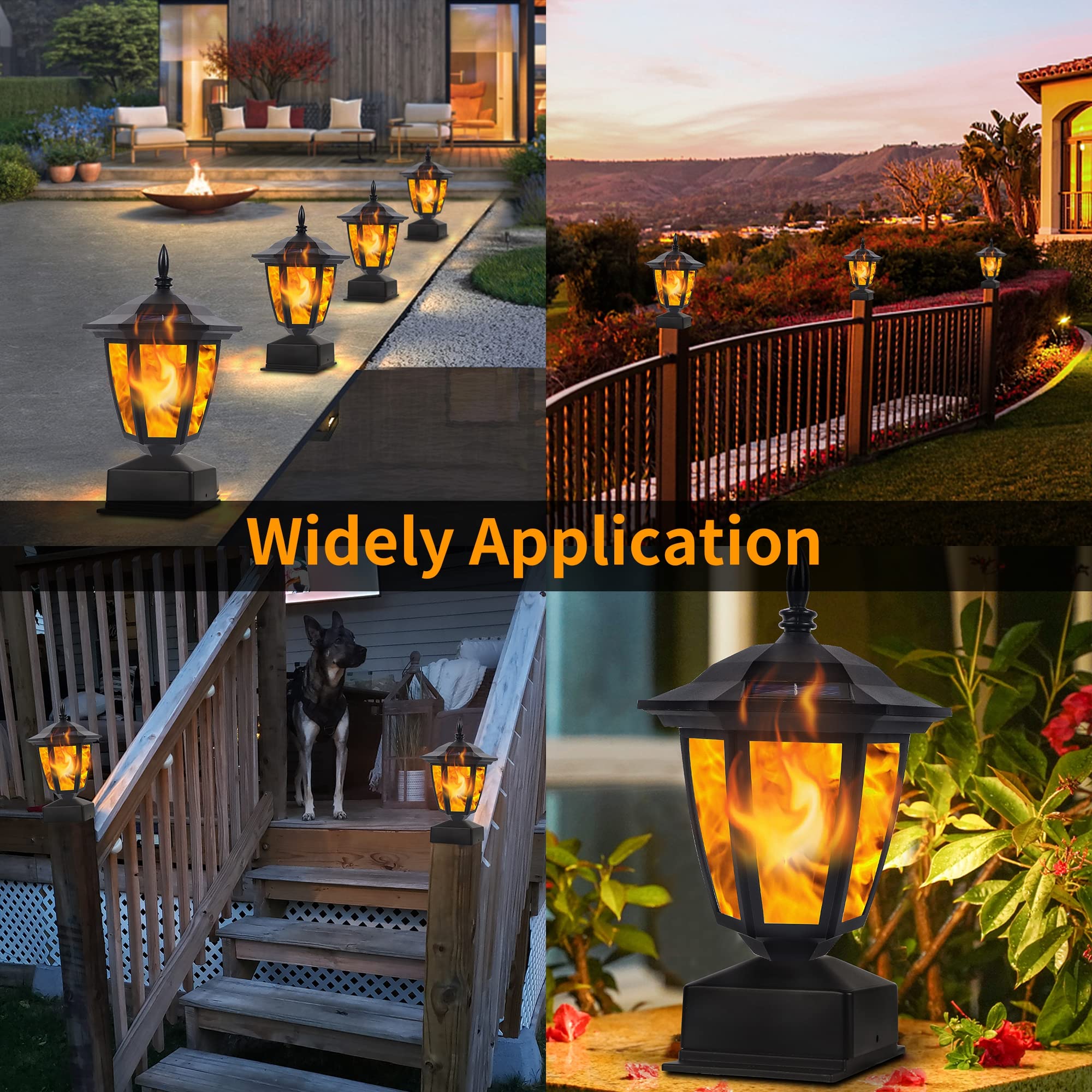 Dynaming Solar Flame Post Lights, Flickering LED Lanterns, Waterproof for Garden Deck Patio, 4 Pack, Black, Model ZTD23216-4