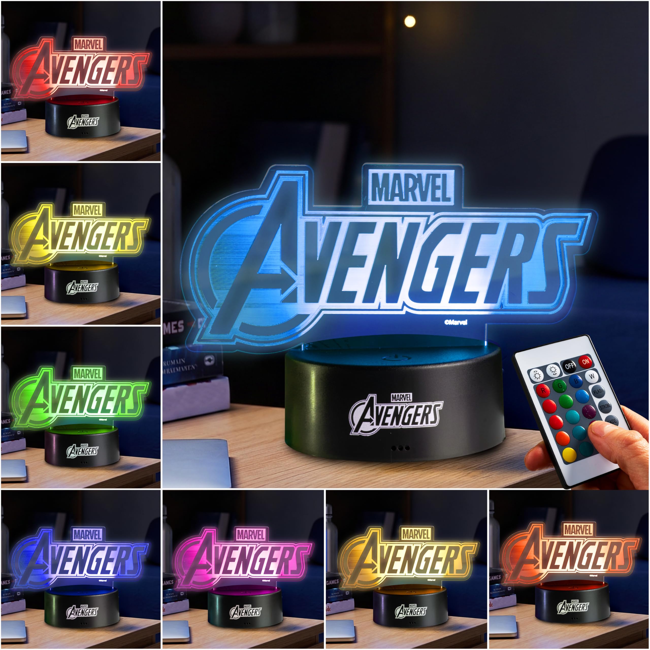 Get Trend Marvel Avengers 3D Illusion Night Light for Kids, 16 Colors, 4 Lighting Modes, Dimmable, Dual Powered LED Desk Lamp wi