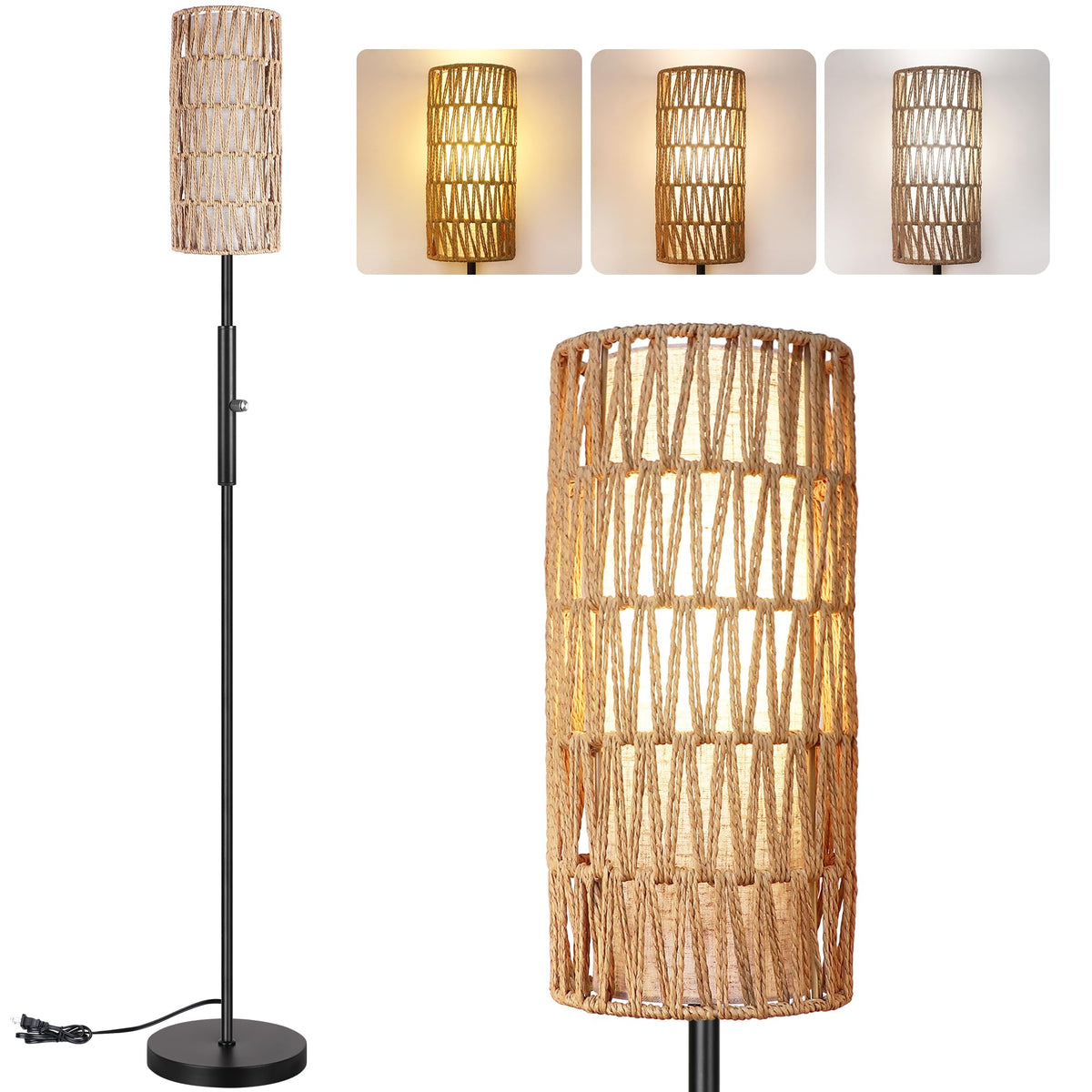 PARTPHONER Boho Floor Lamp for Living Room with 3 Color Temperatures LED Bulb, Standing Lamp Tall Lamp Reading for Bedroom, Offi