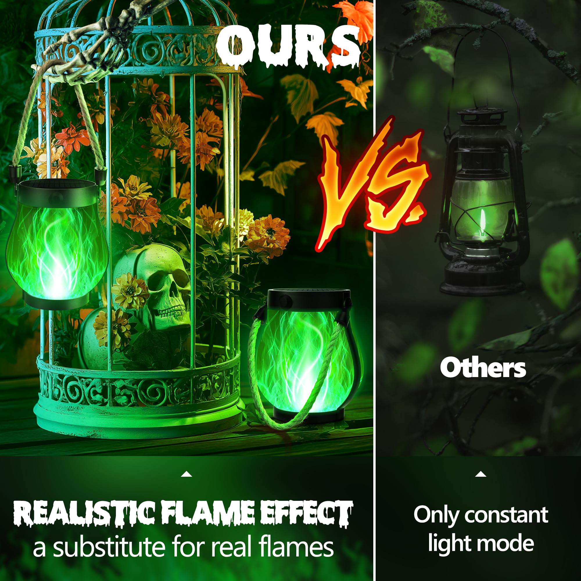 Ibaycon 1 Pack Solar Lanterns Lights  Halloween Flickering Flame Garden Lights With 2 Modes Dual Charging Usb & Solar  Outdoor Waterproof Hanging Lantern For Party Holiday Halloween Decor (Green)