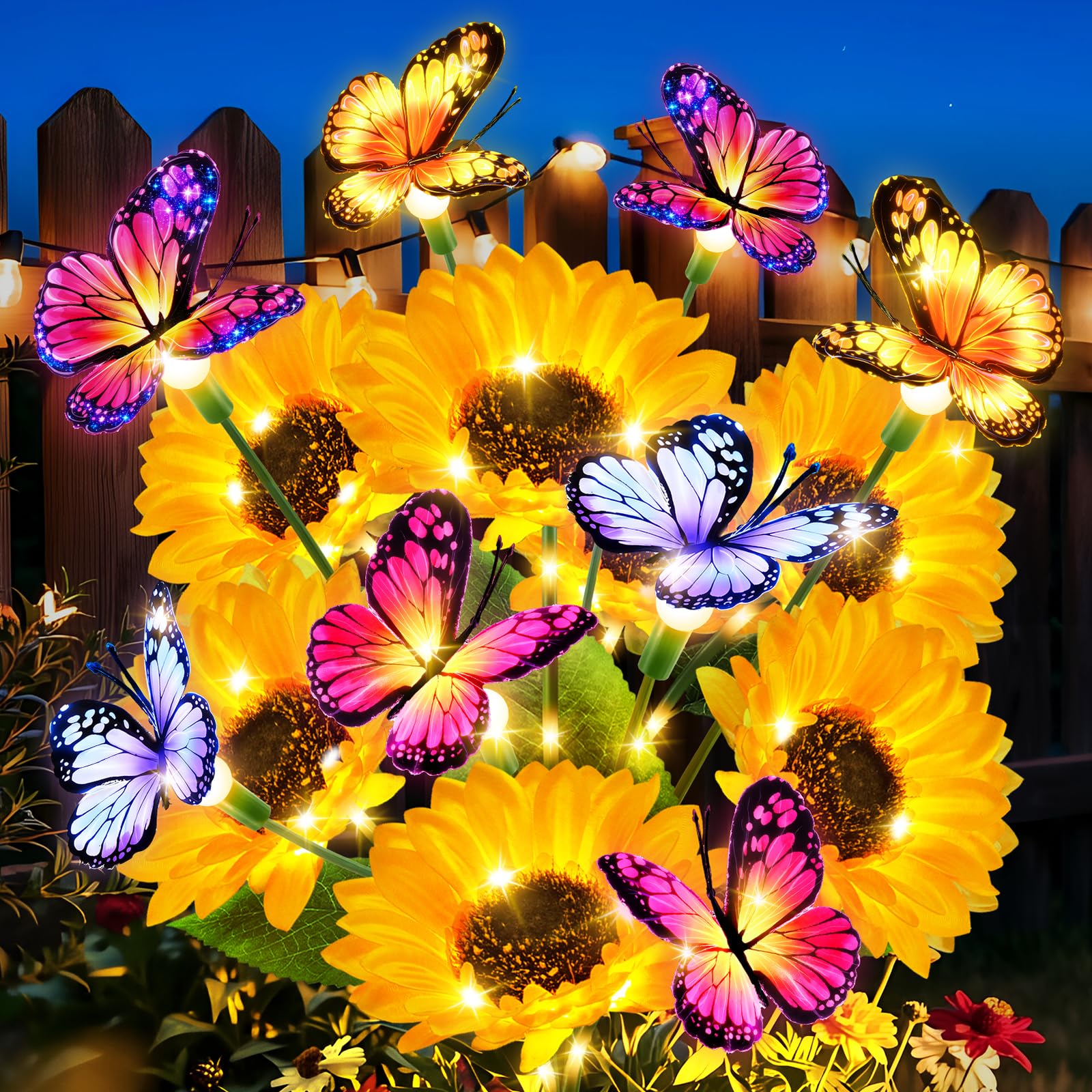 6 Pack Solar Garden Lights Outdoor, Sunflower Solar Lights with Butterfly IP65 Waterproof, Solar Flower Lights for Yard Patio Ga