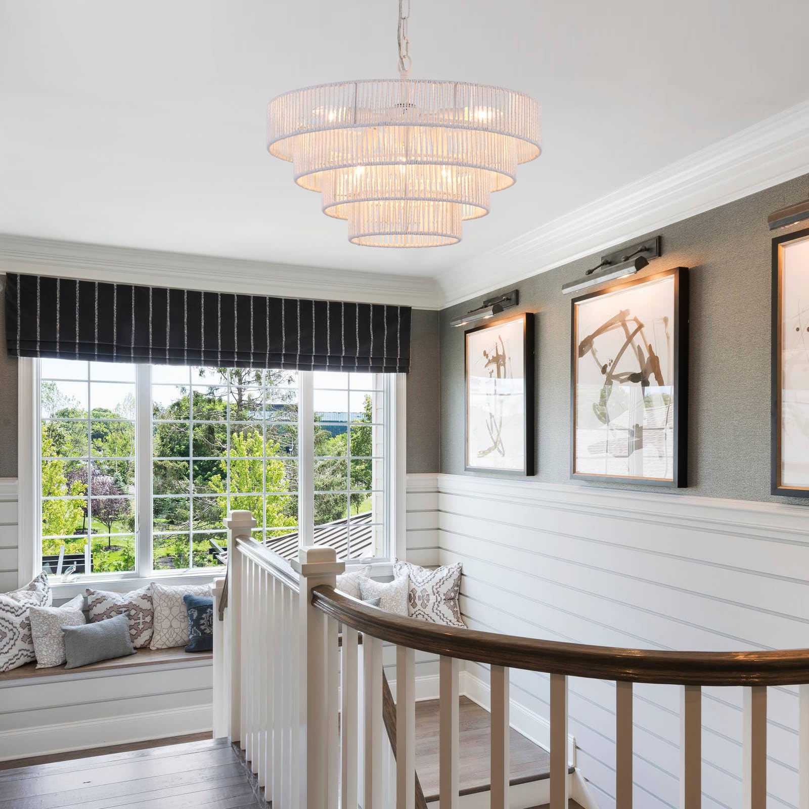 Elyccupa 6-Lights 20&quot; Hand-Woven Rattan Pendant Light Coastal 4 Round Transitional Minimalist Boho Large Pendant Light, For Kitchen Island Dining Room Living Room Hallway, White, Ul Listed