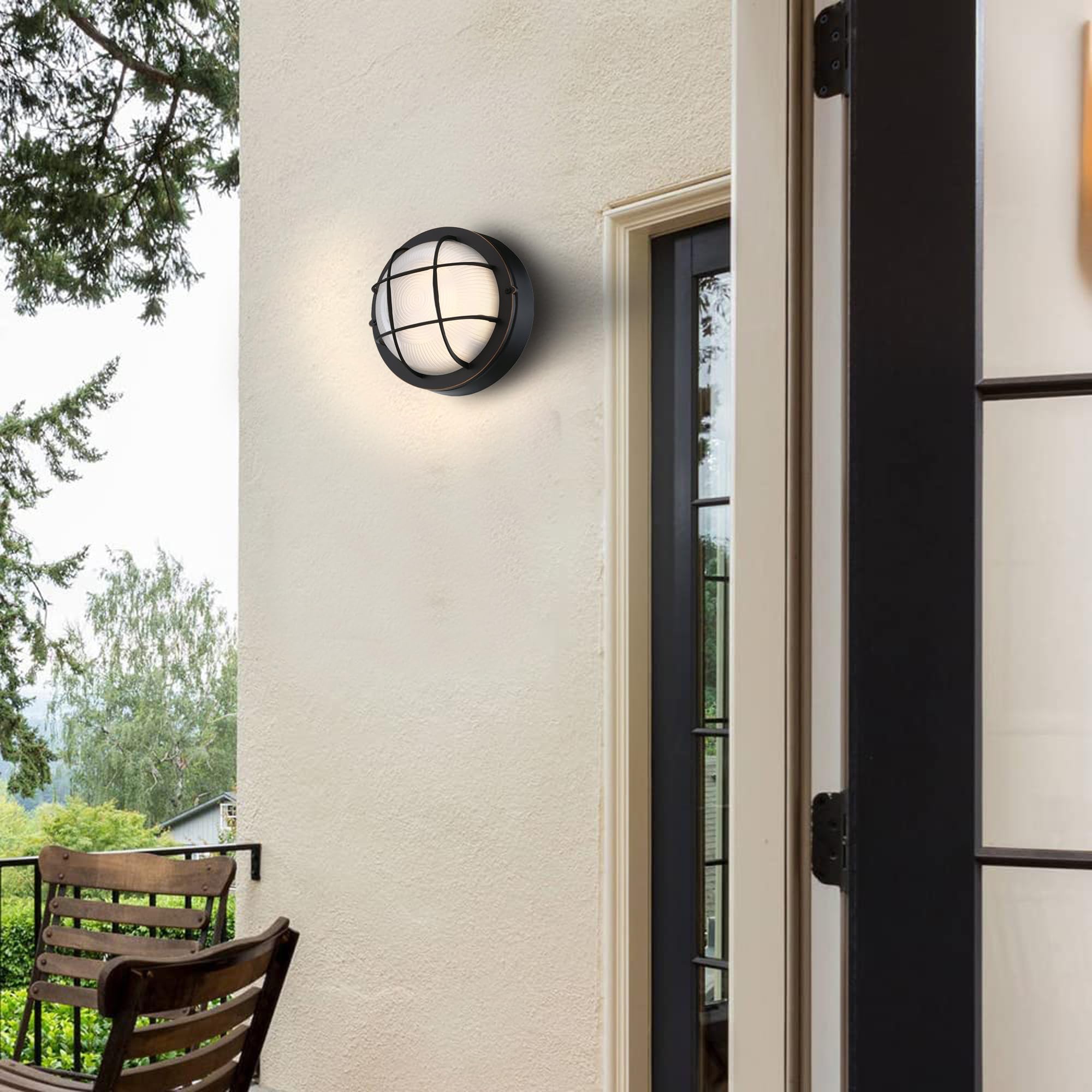 Faymart Lighting 8 Round Bulkhead Led Light Oil Rubbed Bronze - Nautical Outdoor Wall Light 3000K  1500Lm  15W  Waterproof  Rust-Proof  Industrial Farmhouse Oil Rubbed Bronze Bulkhead Light