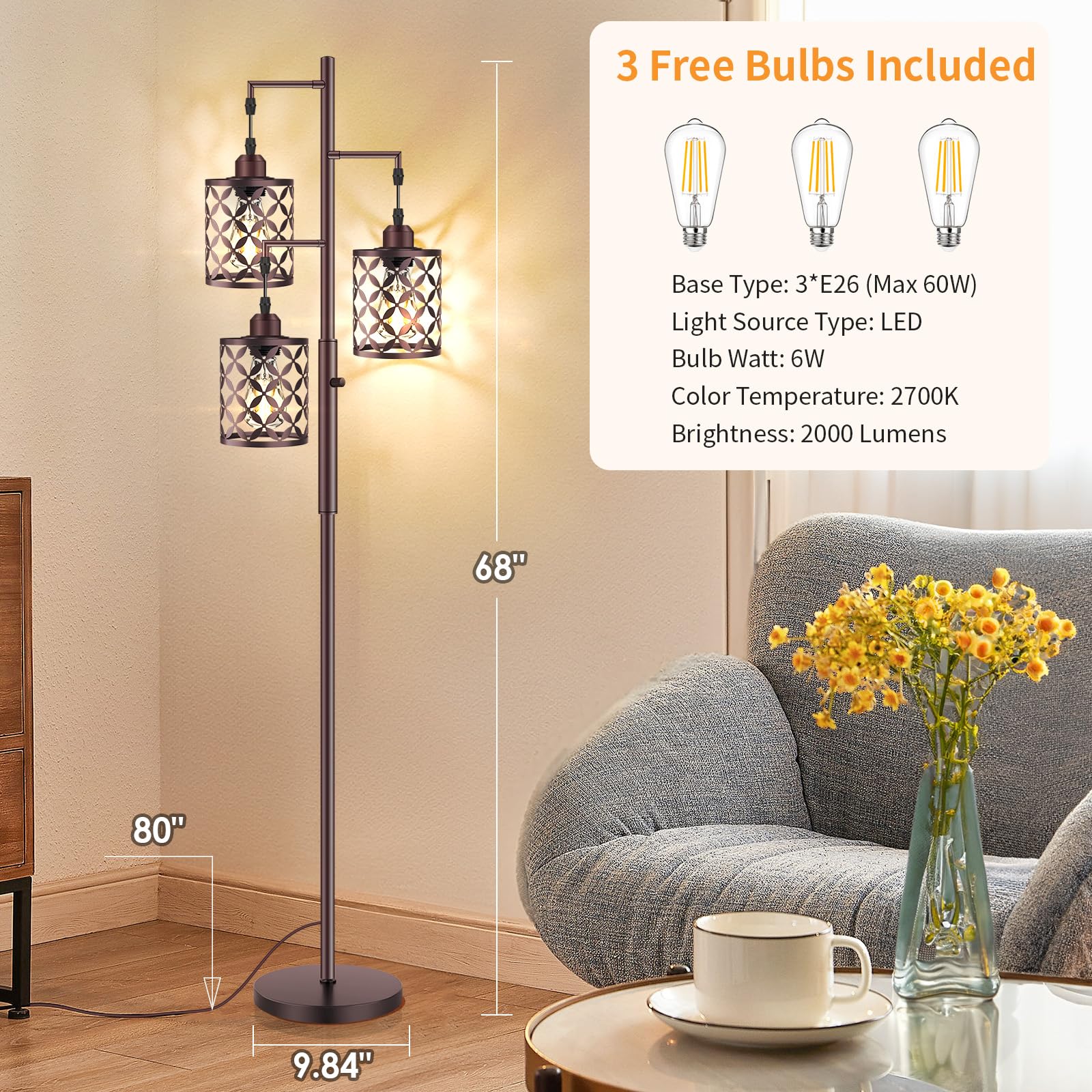 GHOOCEMLUX 68in Dimmable Floor Lamp, Brown Metal Cage, Industrial Style, Model GH-005