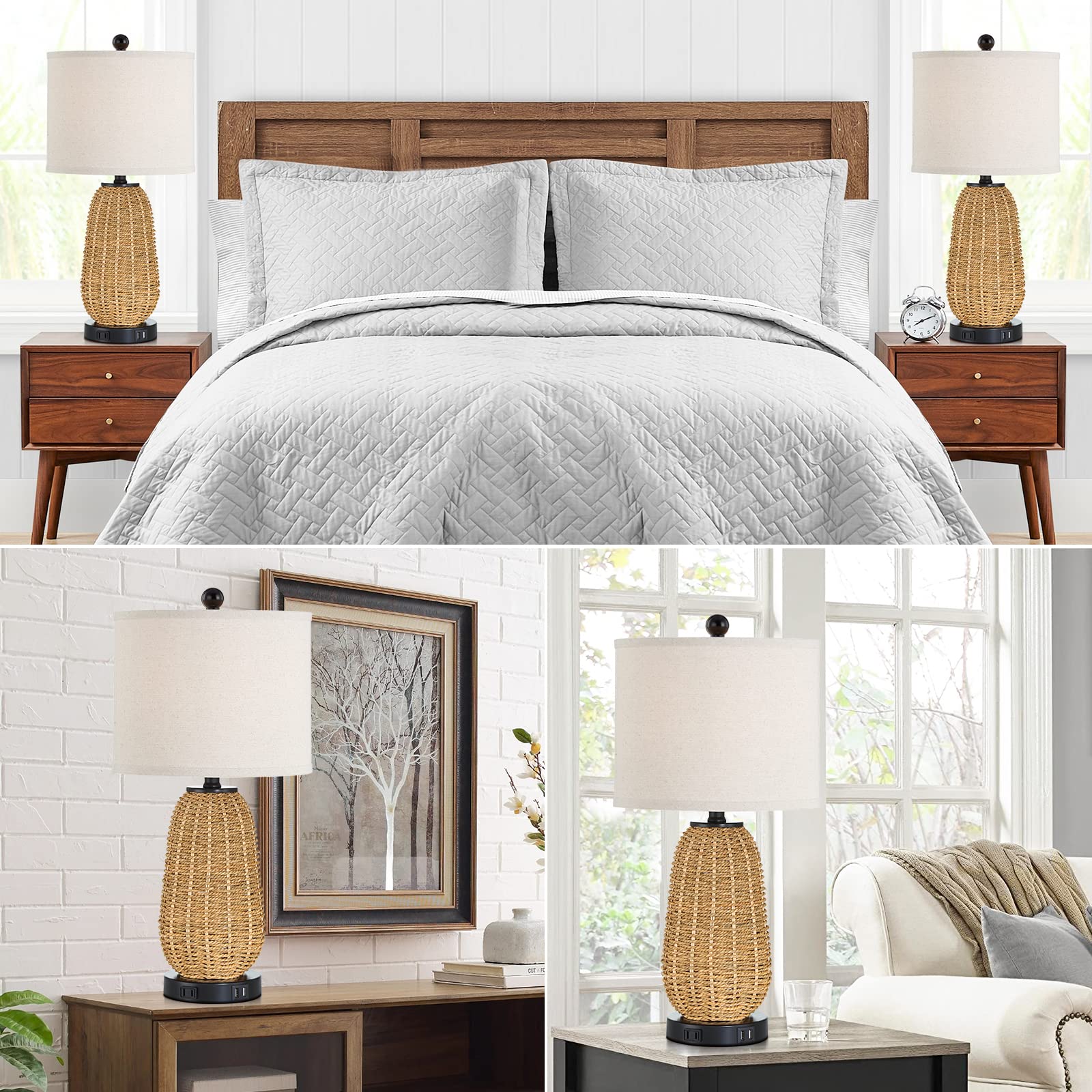 Cinsary Touch Control Rattan Table Lamps, 3 Way Dimmable Bedside Lamps For Bedroom With 2 Usb Ports And Ac Outlet, Grass Rope Ni