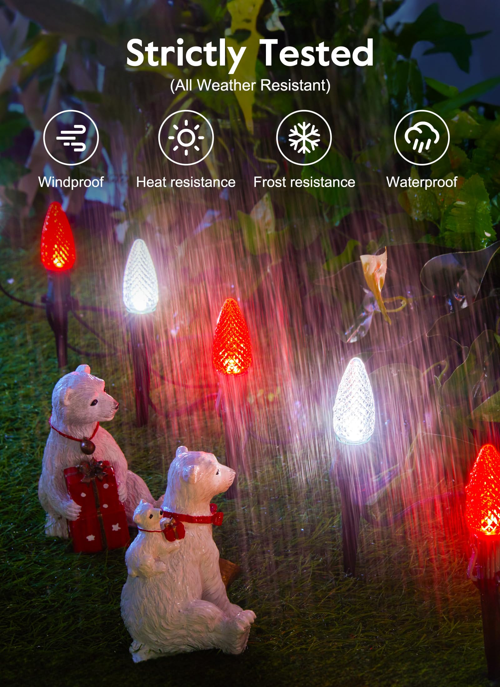 C9 Led Christmas Lights Outdoor With Stakes, 25.7 Feet 20 Led C9 Strawberry String Lights, Connectable Shatterproof Pathway Ligh