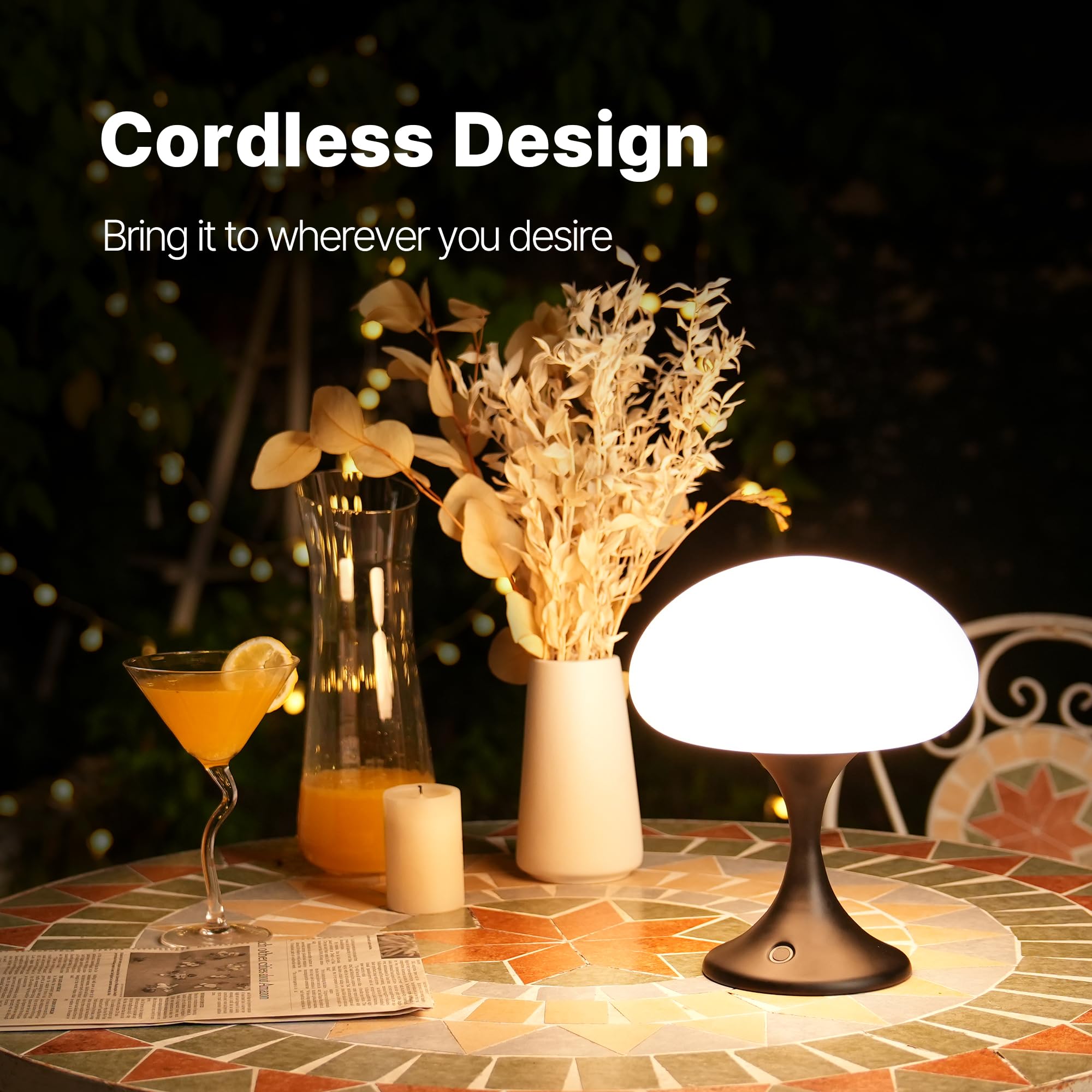 MAGCHARM Mushroom Lamp - 5W LED Cordless Glass Table Lamp, Dimmable Touch Light, 3 Color Temps, Retro Design, Black
