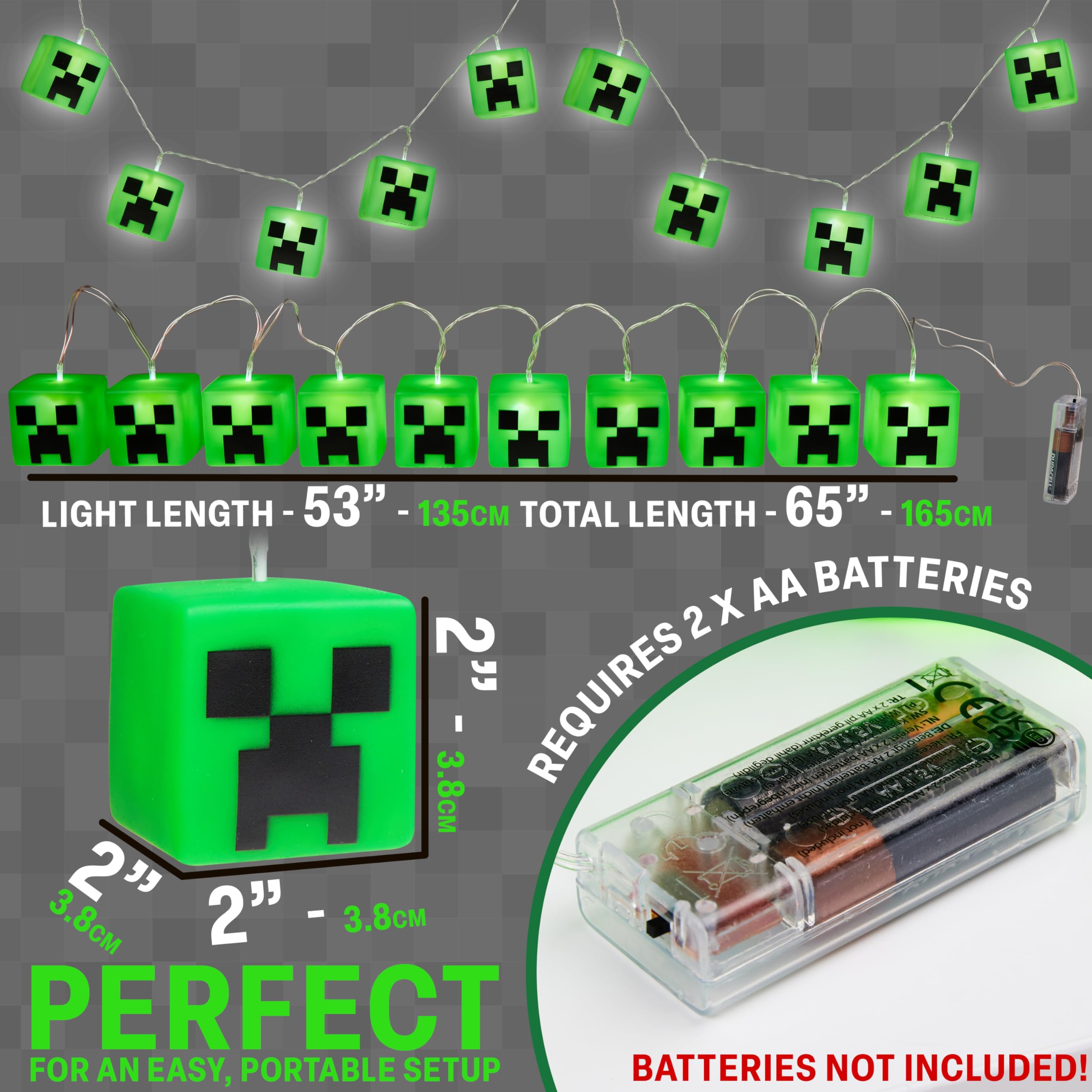 Minecraft LED Fairy Lights, Battery Operated, Creeper Cube 1.5" - White Indoor Room Decor for Kids and Gamers