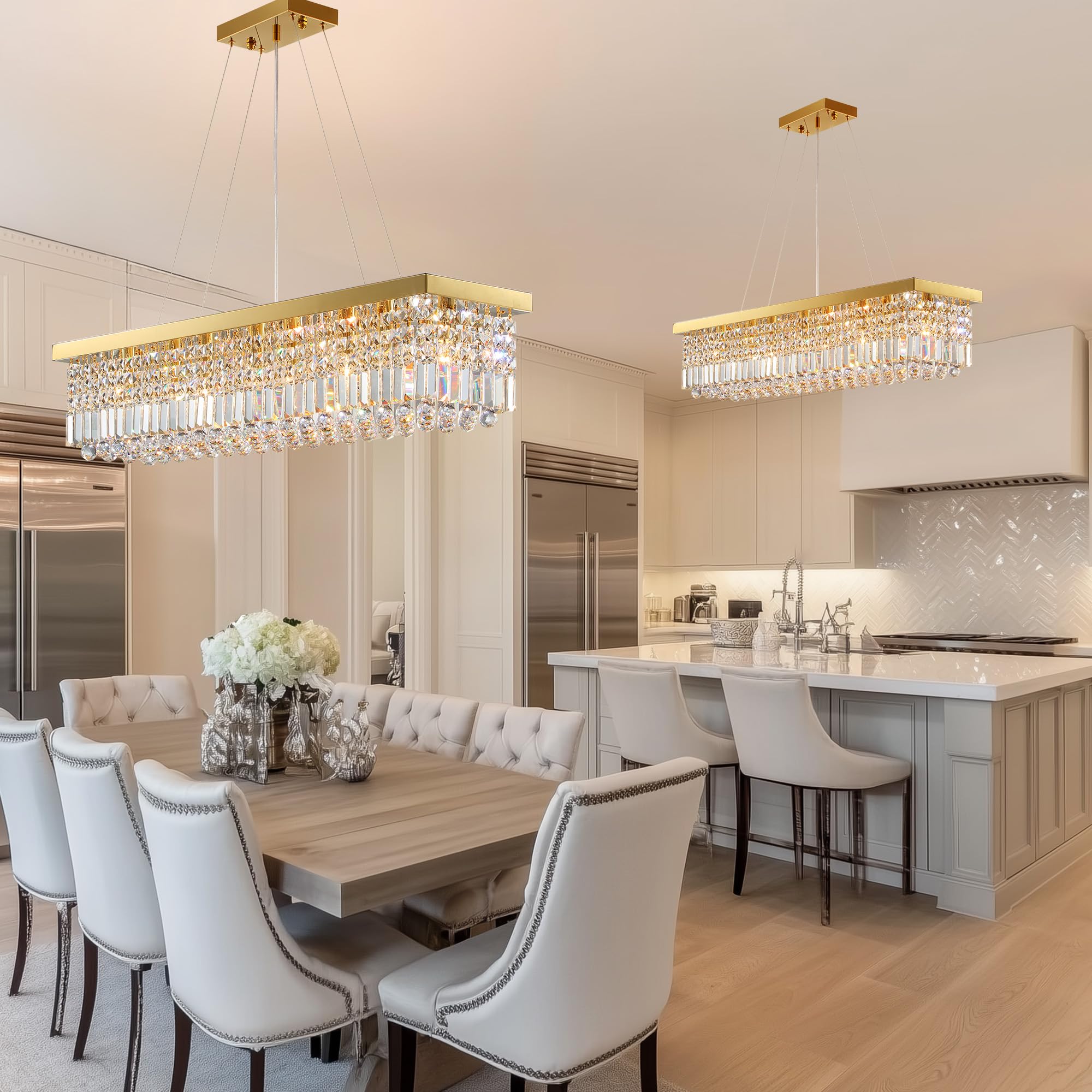 Tinkoso Crystal K9 Rectangle Chandelier For Dining Room,6-Light Modern Rectangular Pendant Light Fixture For Kitchen Island Bar,