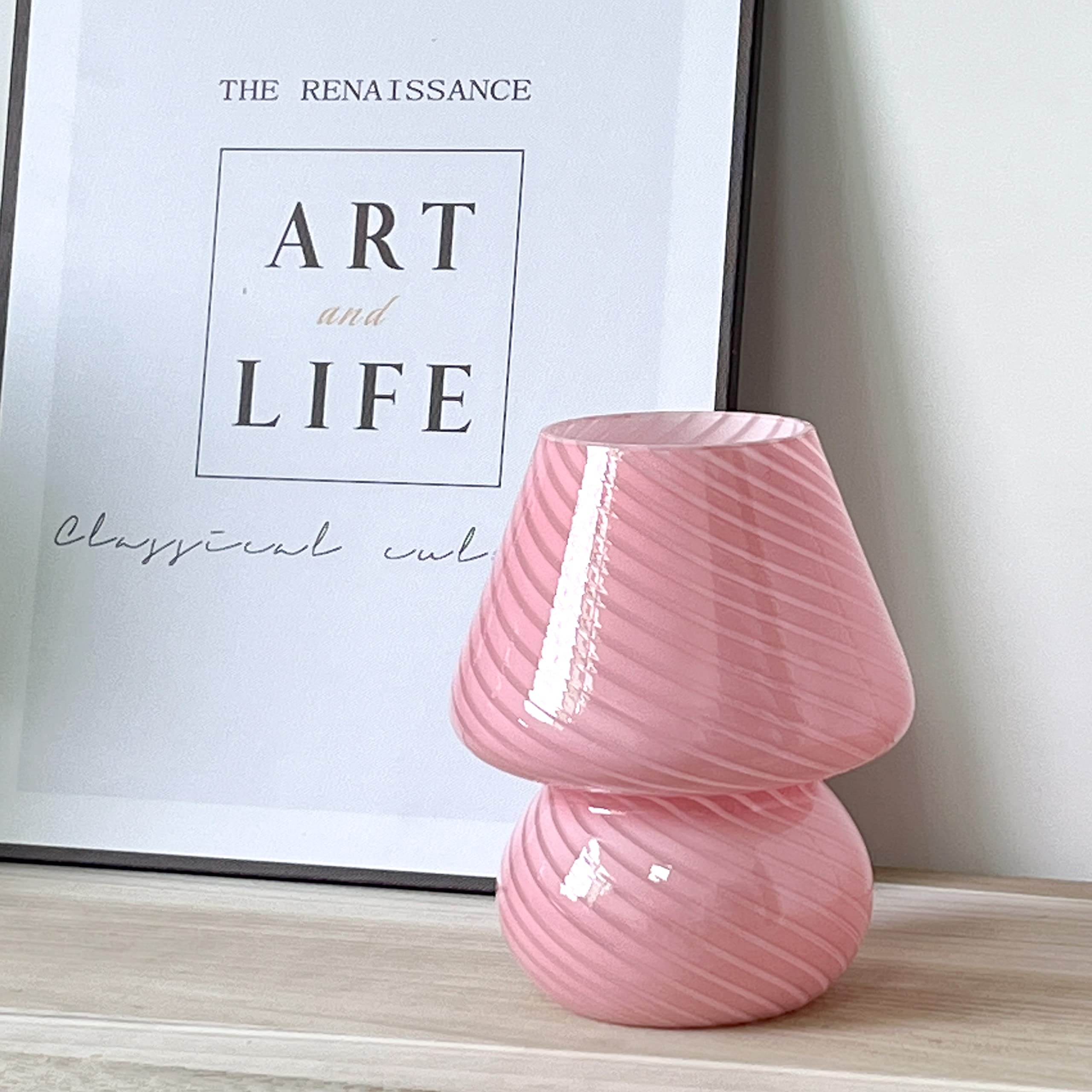 jonong Glass Striped Mushroom Bedside Lamp, 110V Pink Night Light, Model JN-2025