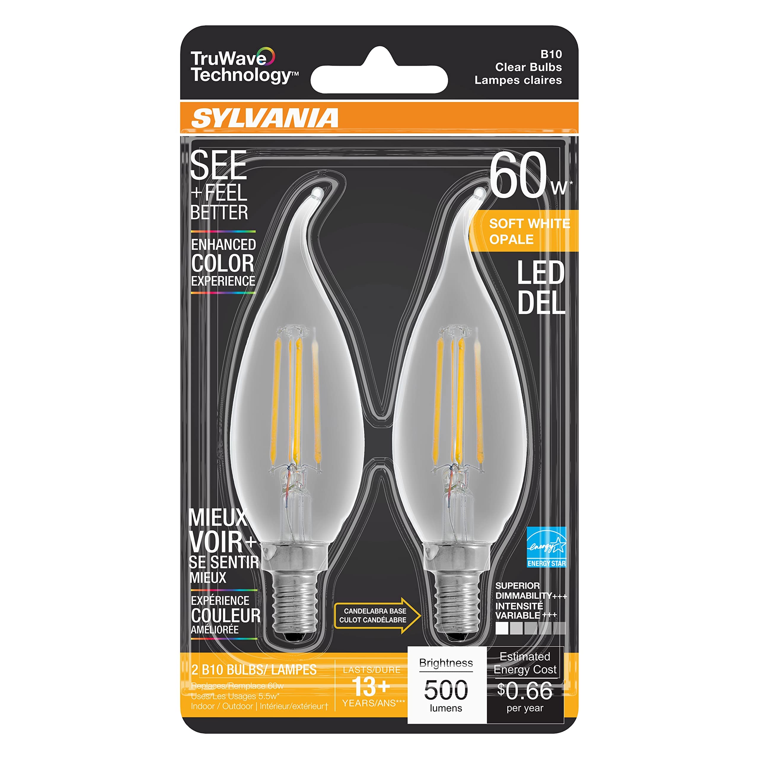 LEDVANCE SYLVANIA TruWave Candelabra LED Light Bulb, 60W Equivalent, 5.5W, Soft White, Dimmable, 2 Pack, Model 407