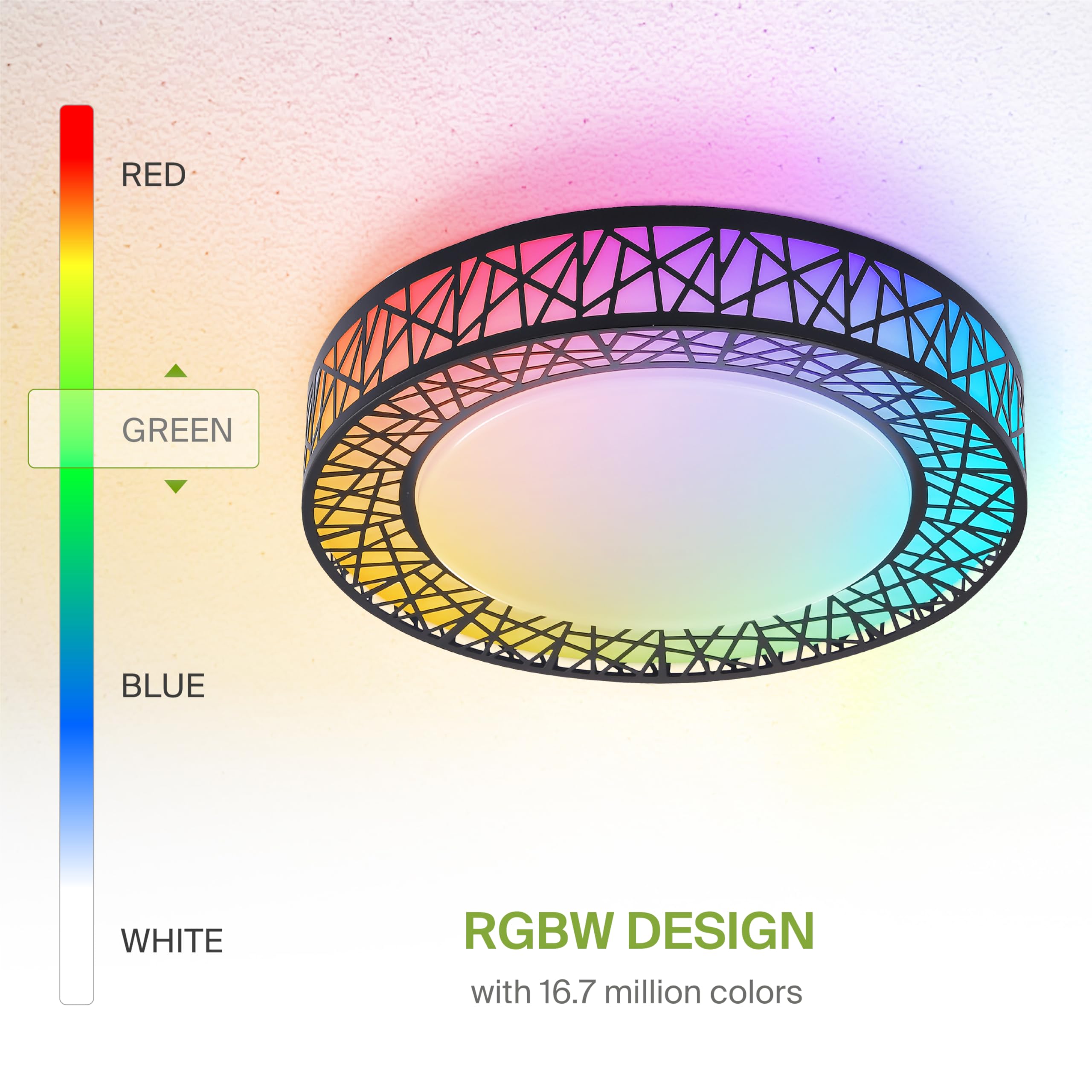 ASD 16 Inch Smart RGBW Flush Mount Ceiling Light, Dimmable 28W, WiFi App Control, Matte Black, Model A-LFM16D28SRGBW-B