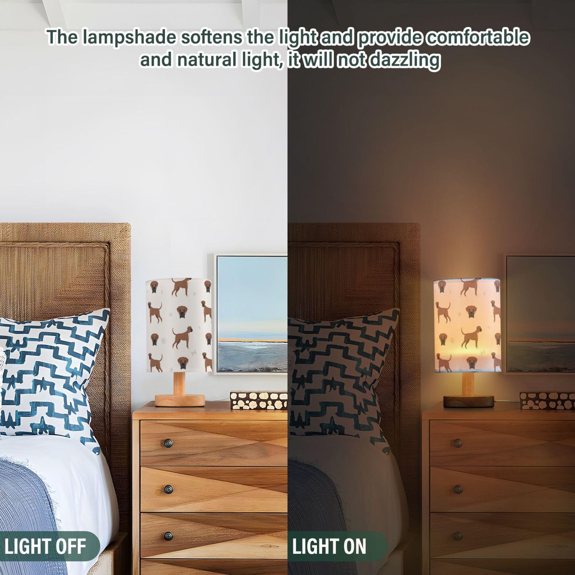 Yyzzh Table Lamp Boxer Dog Pattern Nightstand Lamp With Wood Base Fabric Lamp Shade Bedside Desk Lamp For Living Room Bedroom Ki