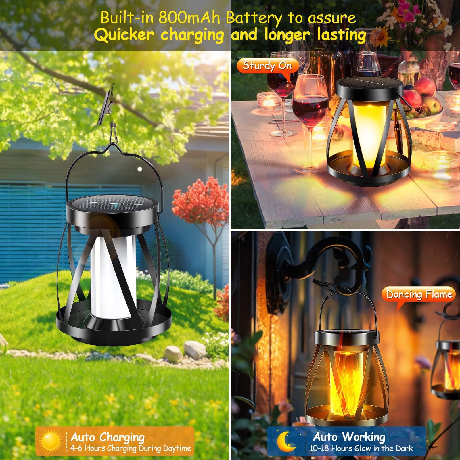 Garpar Solar Flickering Flame Lanterns Outdoor Waterproof - Upgraded Brighter Metal Hanging Solar Lights Outdoor, 2 Lighting Mod