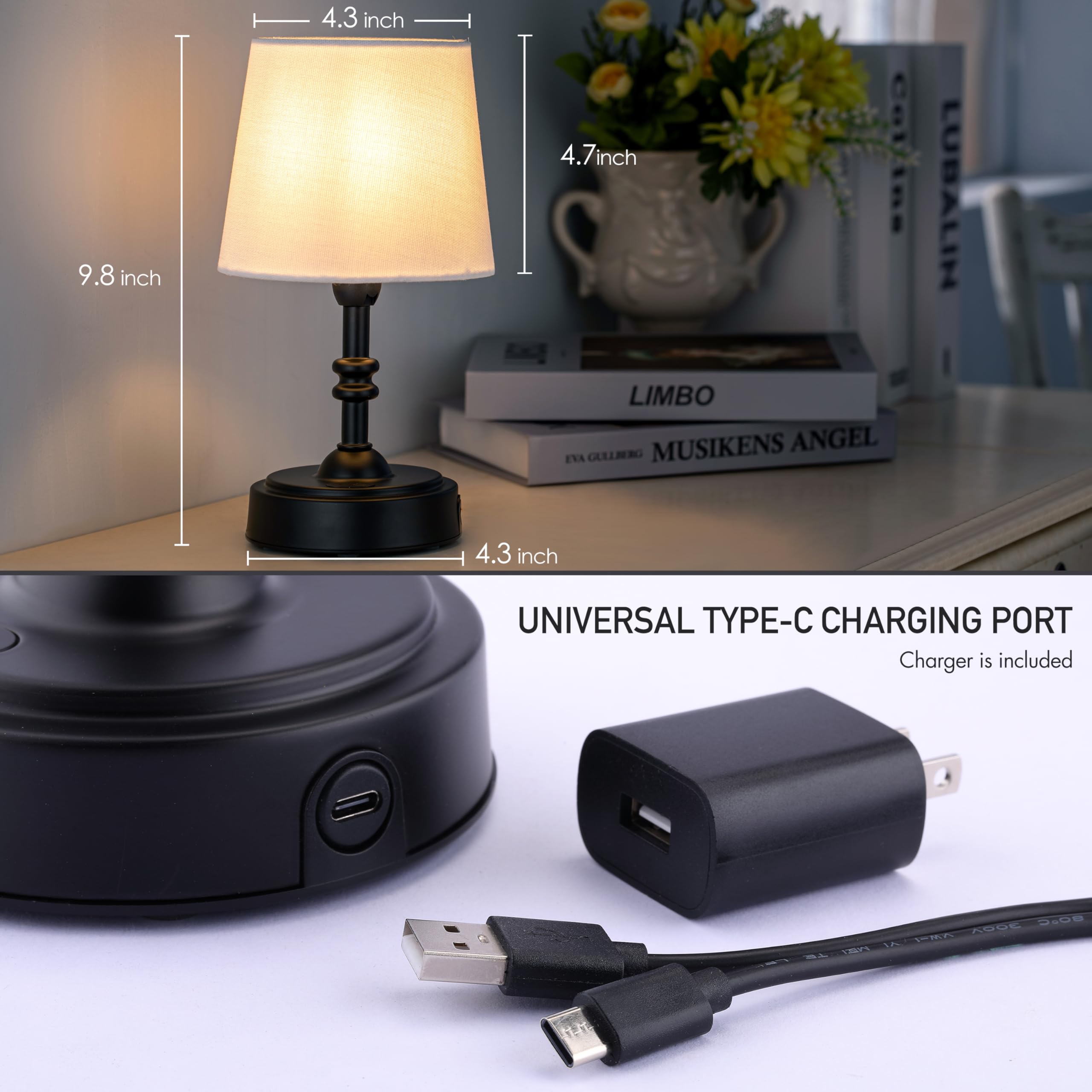 OBright Seraph Mini Cordless LED Table Lamp, 3-Level Brightness, Rechargeable, Black, Model OB-TL19BS
