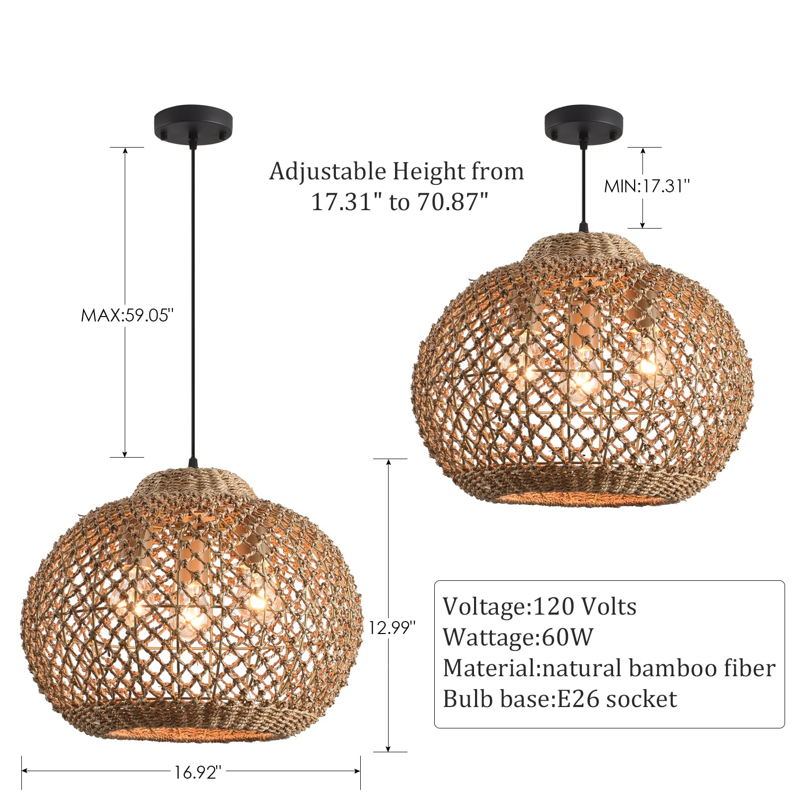 Teru Ji Kaikang 17'' Rattan Pendant Light,3-Light Boho Hand Woven Wicker Seagrass Hanging Light Water Plants Rattan Chandelier F