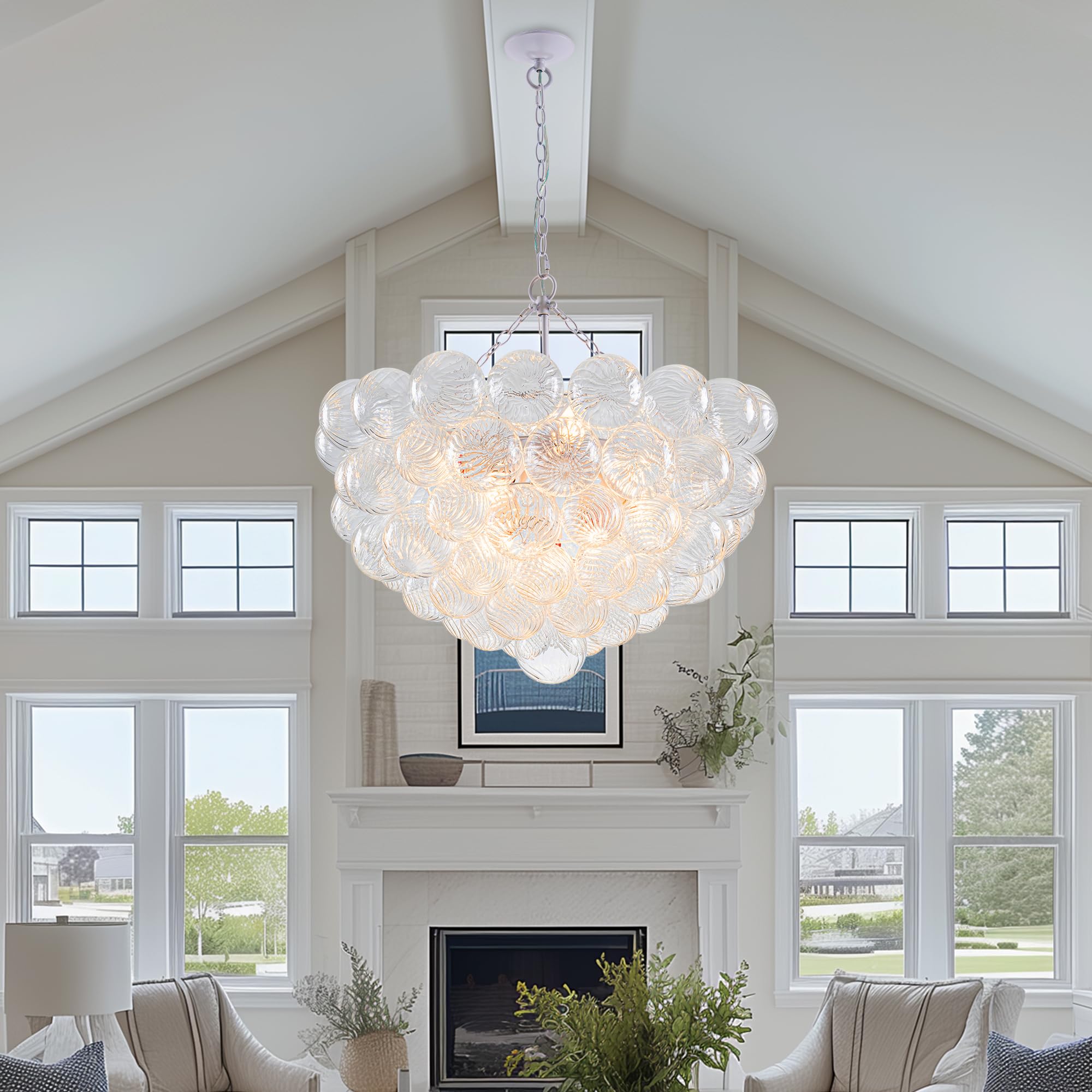 Beypan Bubble Ball Swirled Glass Chandelier White Finish 32'' Dia Clear Globe Pendant Light Fixture For Bedroom Dining Room Tabl