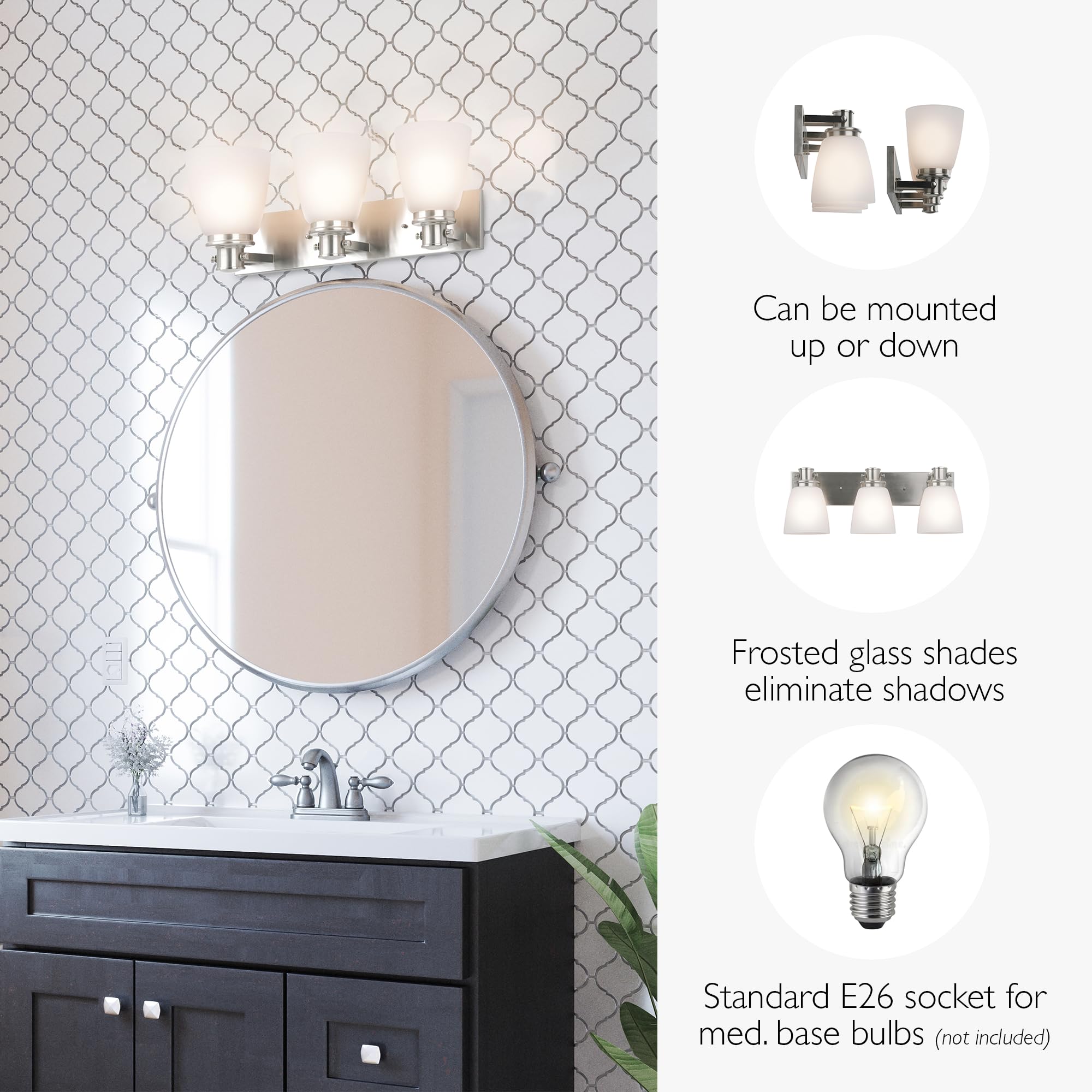 Design House Atkinson Vanity Light, 3-Light, Frosted White Glass Shades, Dimmable, Up/Down Mountable, E26 Socket, Satin Nickel,