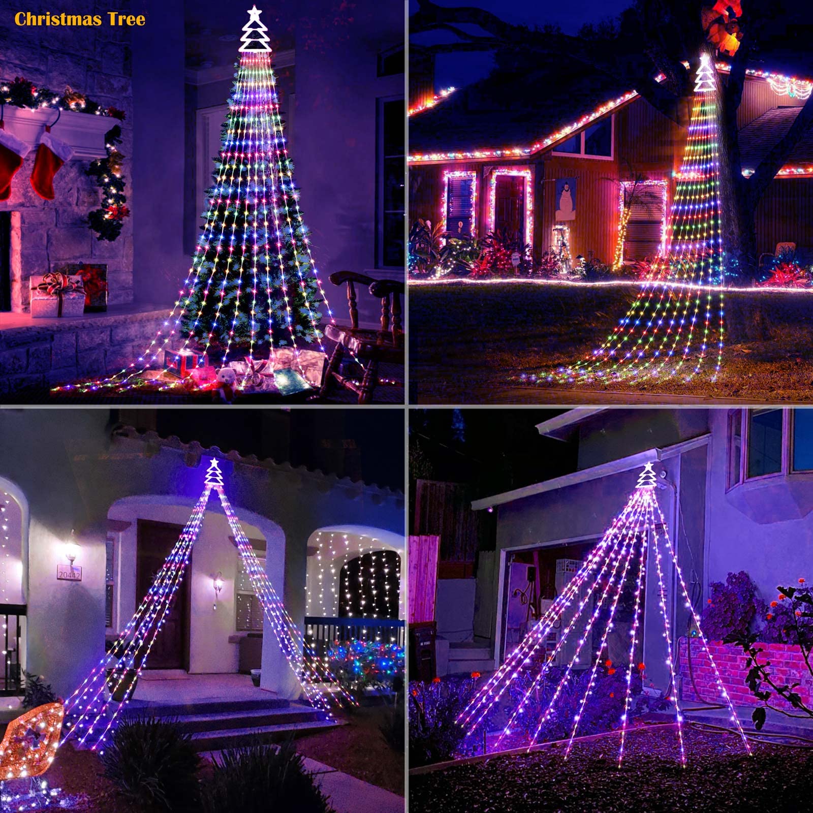 Outdoor Christmas Decorations Star String Lights 420 Led Waterproof Waterfall Lights With Christmas Tree Topper, Gorrzai 8 Light