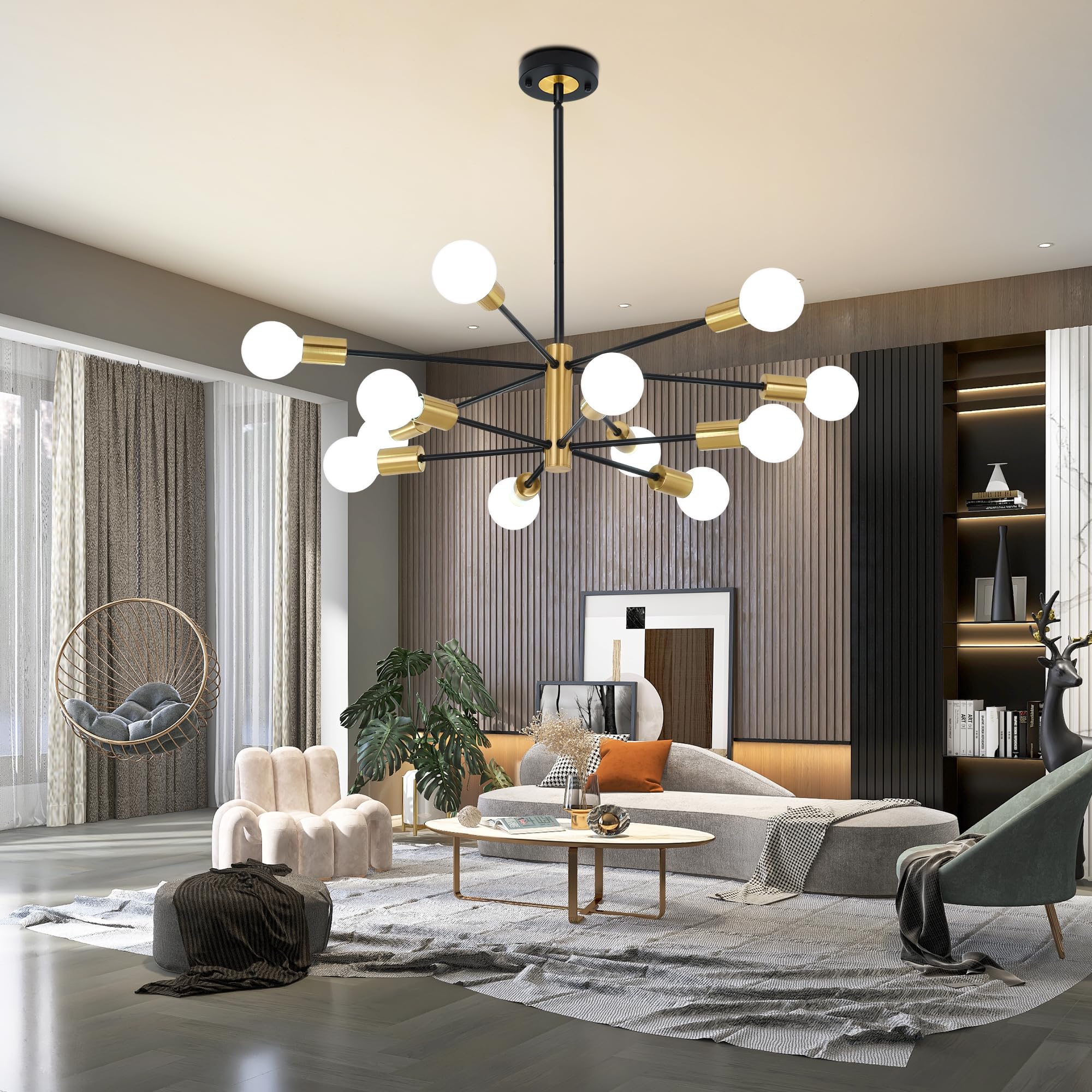HUMHOLD 12-Light Modern Sputnik Chandelier, Black Gold, Adjustable Height, Stainless Steel, Model HDTHD-B01
