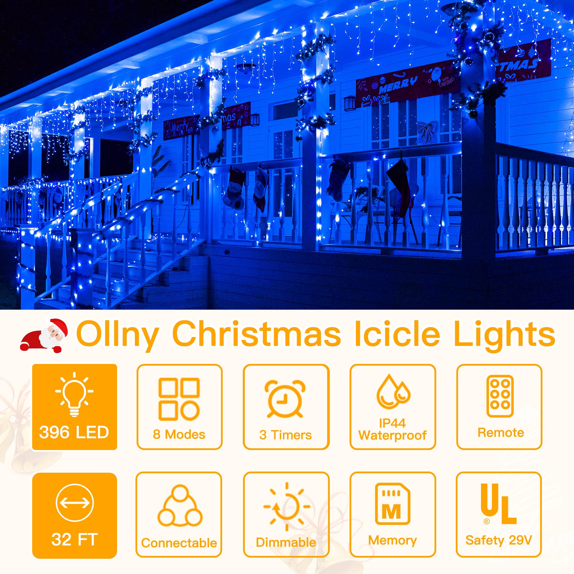 Ollny Blue Icicle Lights 396LED 32FT with Remote, 8 Modes, Waterproof for Indoor/Outdoor Holiday Decor