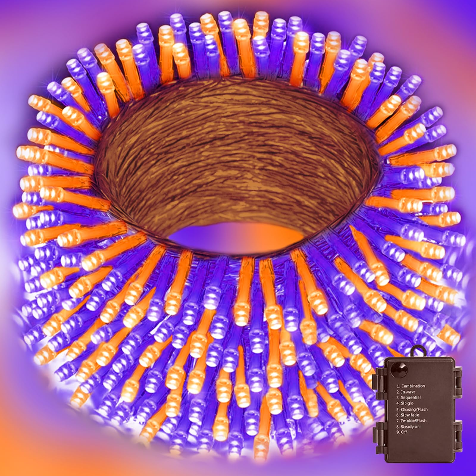 LAMPHOME Orange and Purple Battery Operated Halloween Lights, 34.1FT 100 LED Waterproof String Christmas Tree Lights with 8 Mode