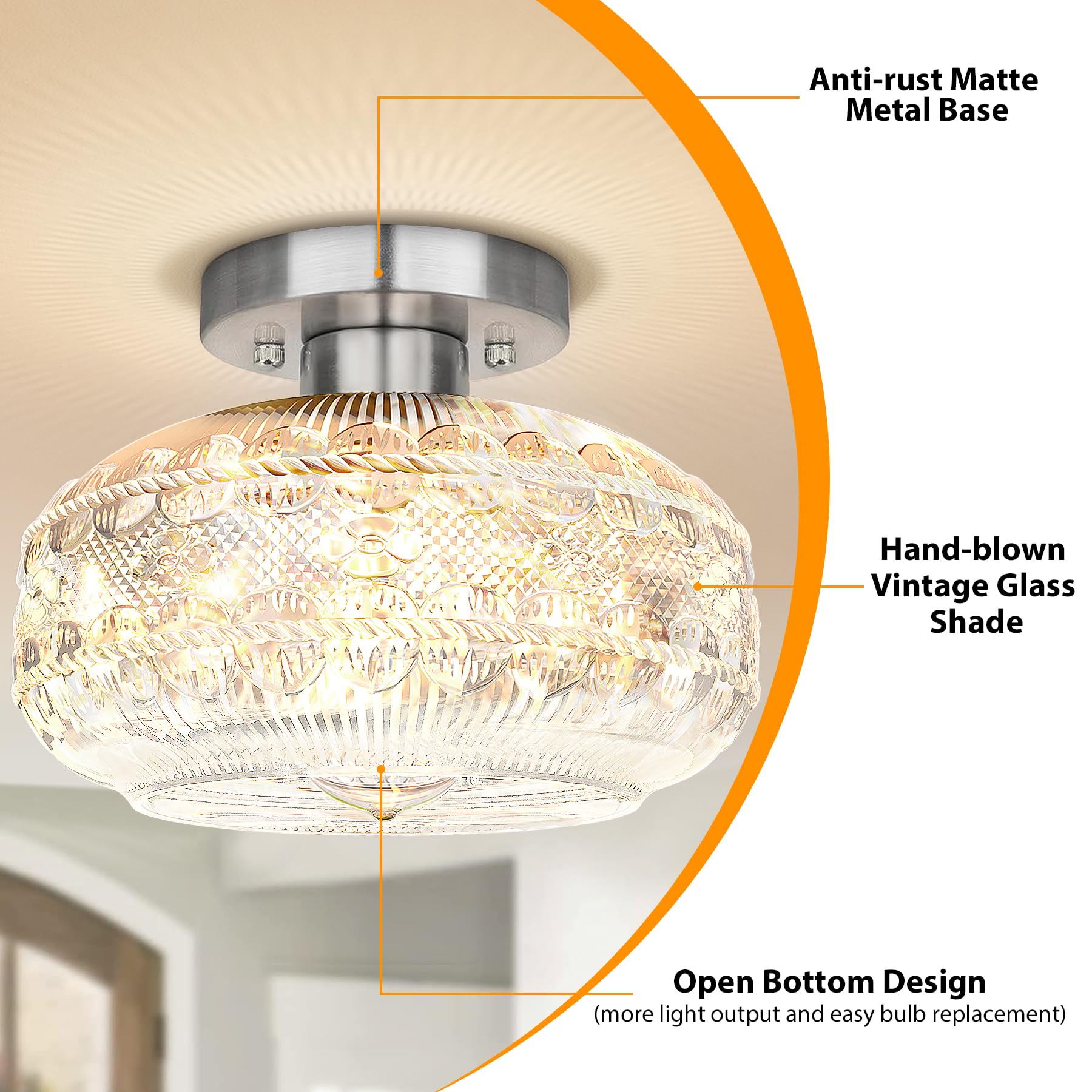 Semi Flush Mount Ceiling Light Fixture,Brushed Nickel Hallway Lights,Globe Glass Light Fixture Ceiling,Industrial Kitchen Lights