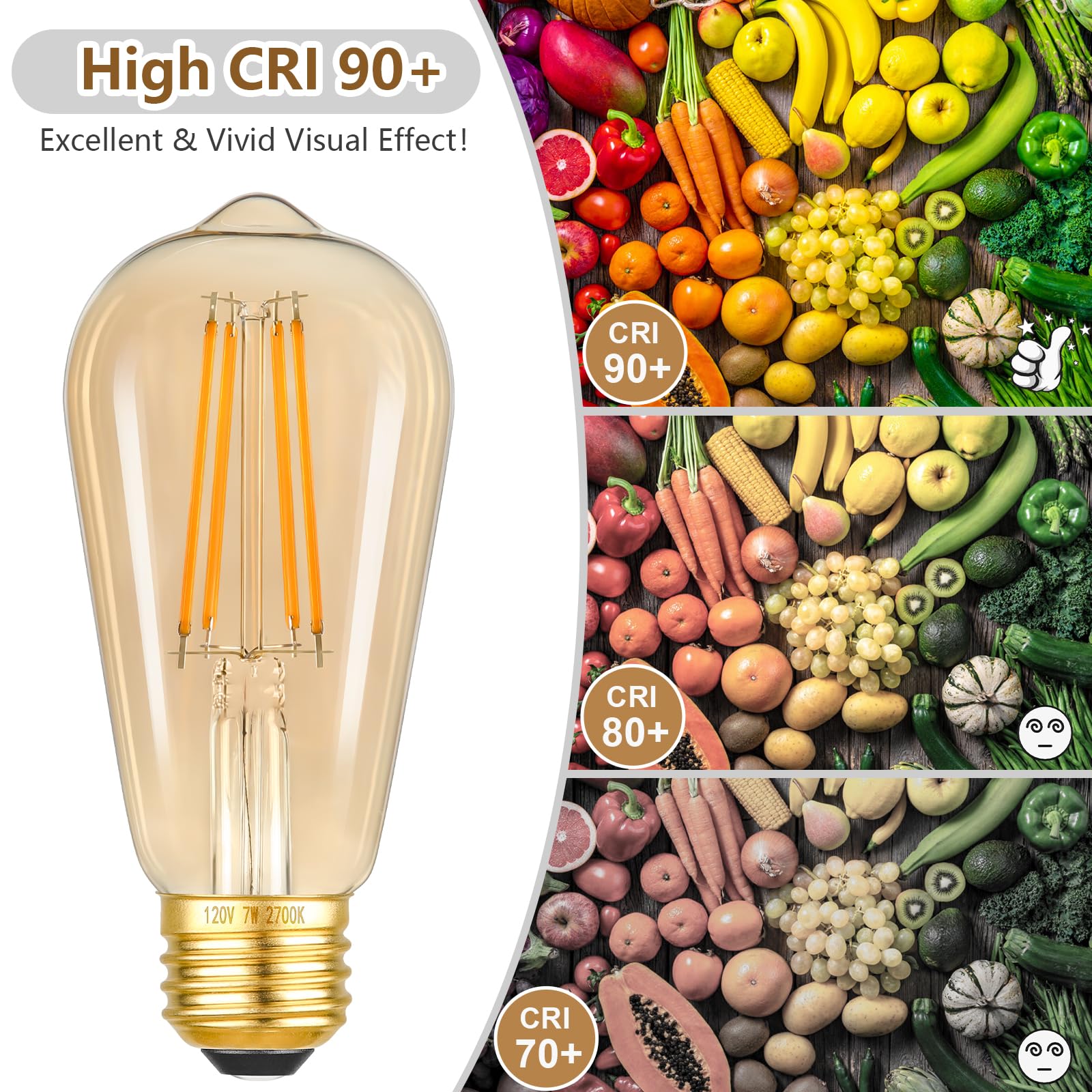 Kondras 7W Dimmable Led Light Bulbs, 60Watt Equivalent Edison Bulbs, St58 Amber Glass Vintage Led Bulbs, Warm White 2700K, E26 B