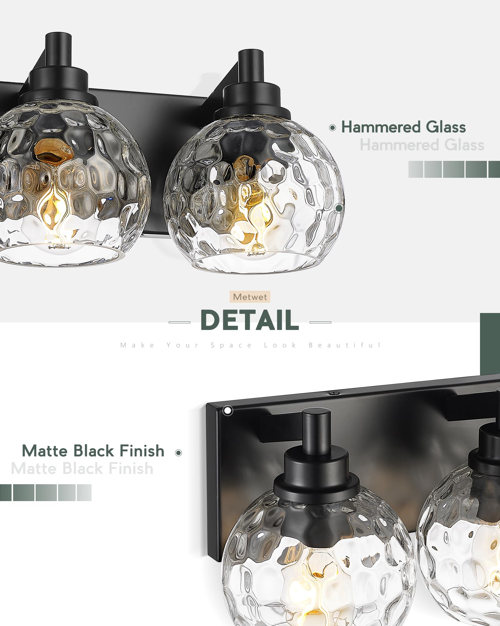 METWET 3-Light Matte Black Bathroom Light Fixtures with Clear Hammered Glass Globe Shade, Model VL200-MB-3